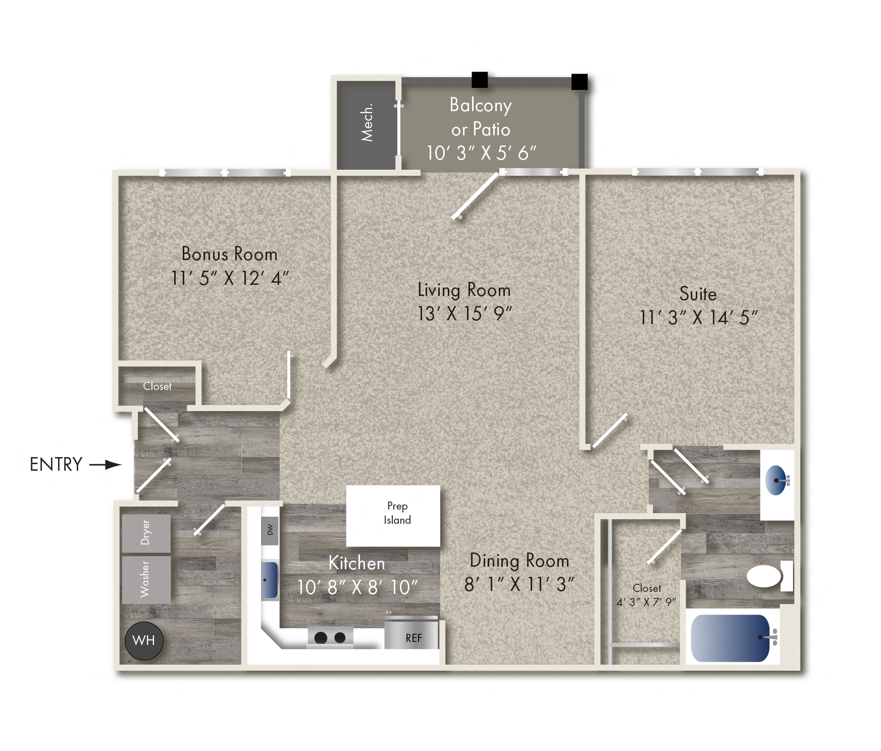 Floor plan for 1 bed, 1 bath, 1019 sqft