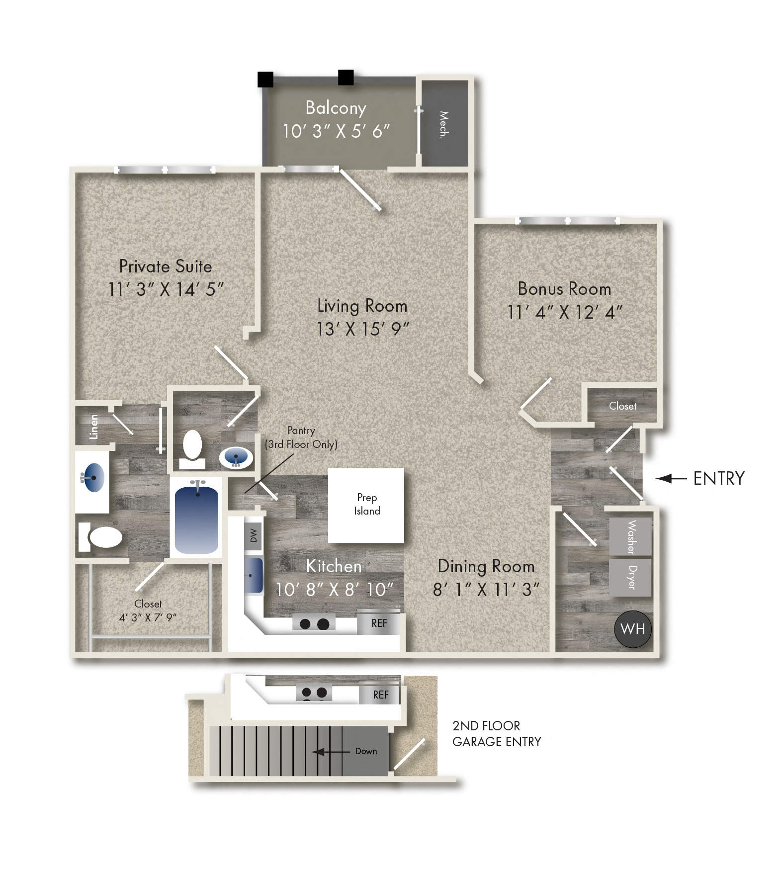 Floor plan for 1 bed, 1.5 baths, 1105 sqft
