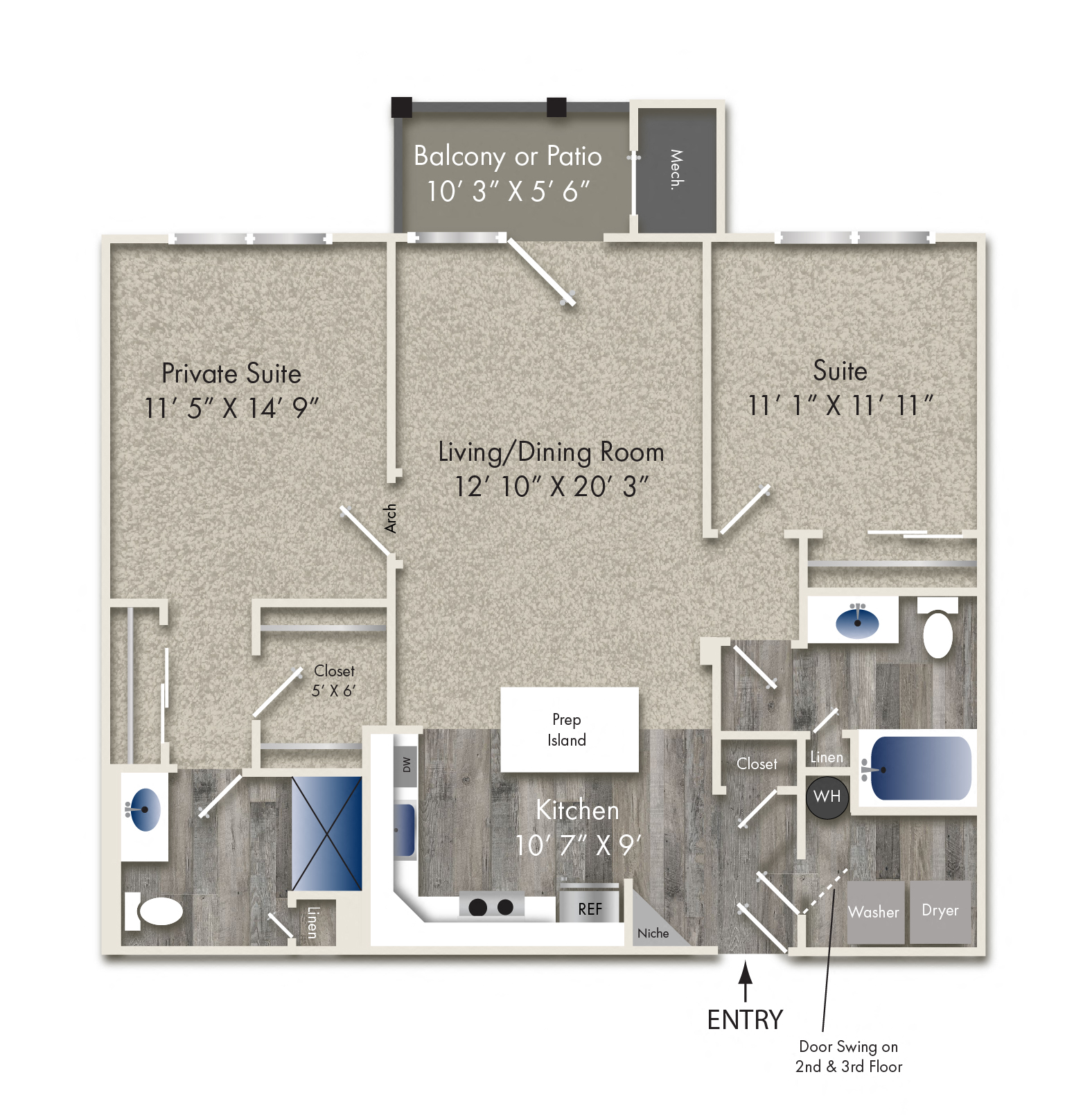 Floor plan for 2 beds, 2 baths, 1121 sqft