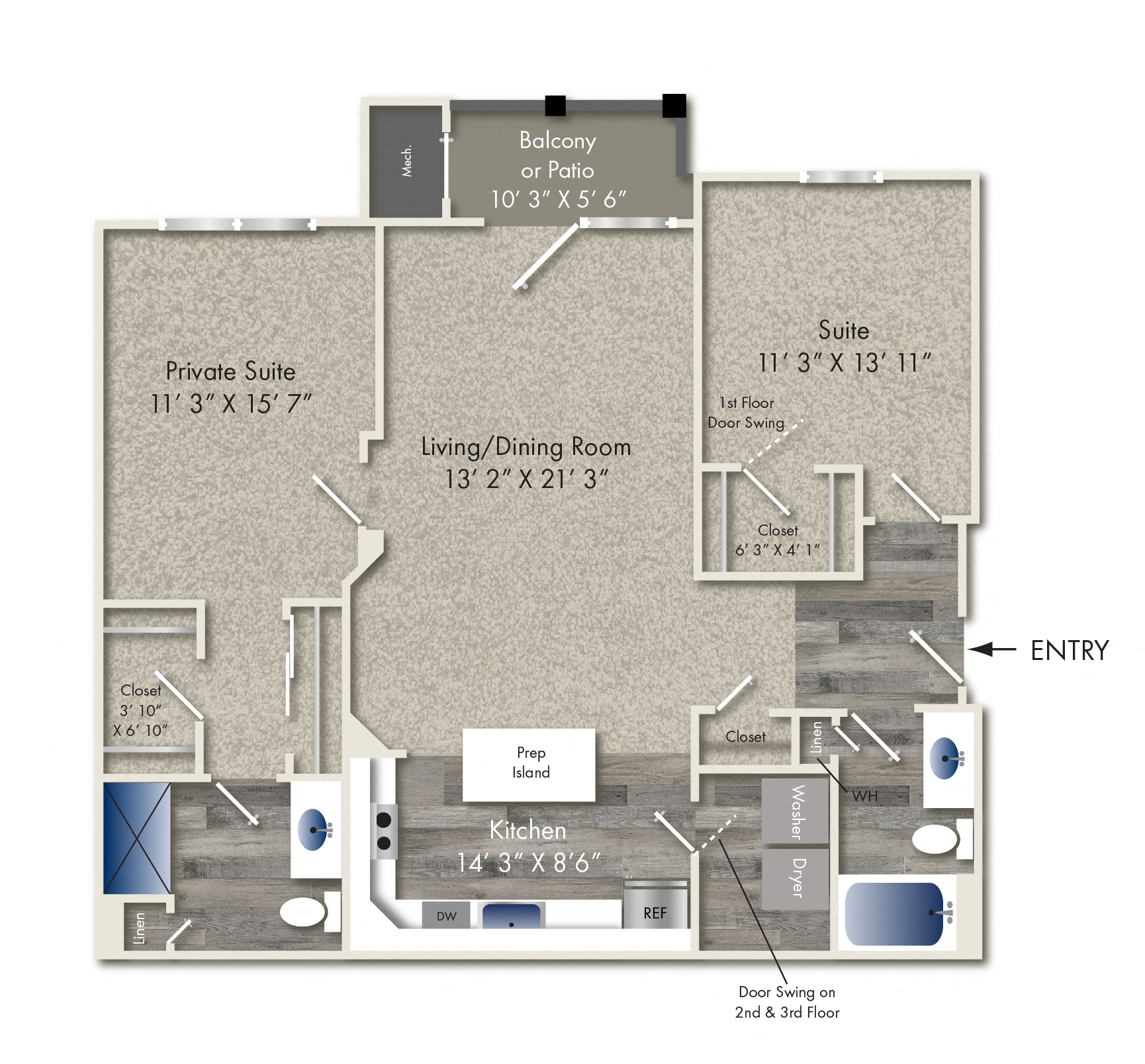 Floor plan for 2 beds, 2 baths, 1184 sqft