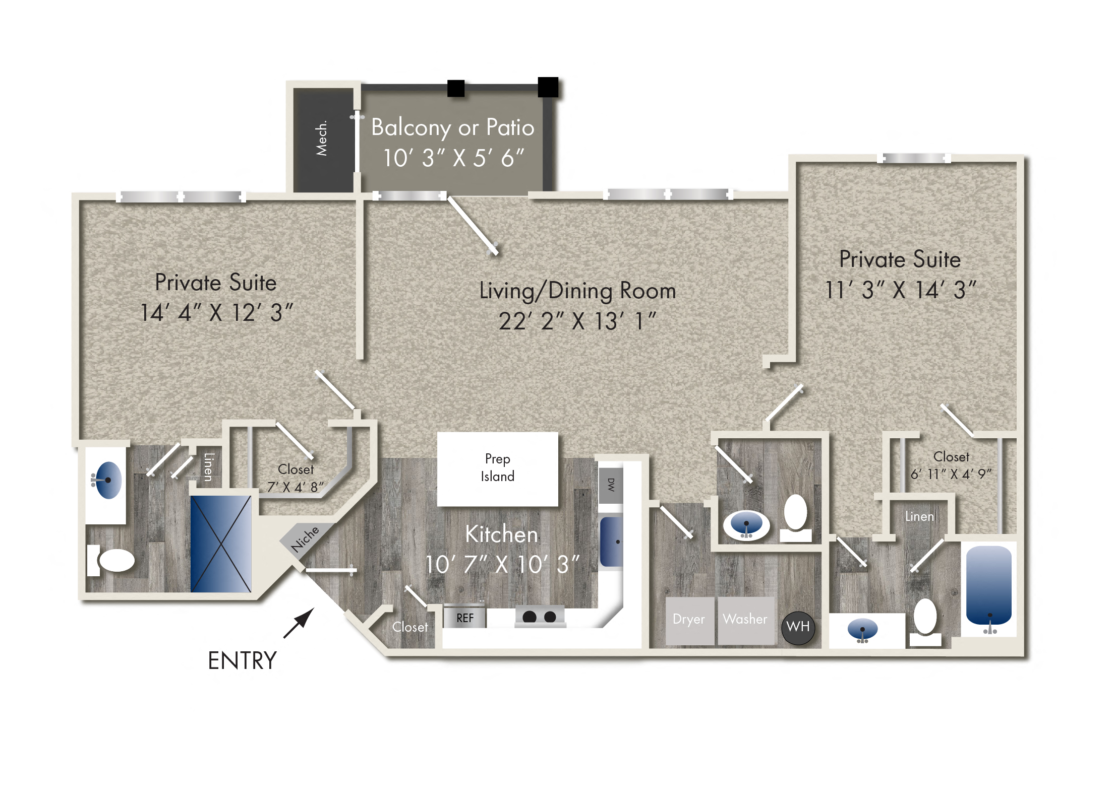 Floor plan for 2 beds, 2.5 baths, 1174 sqft