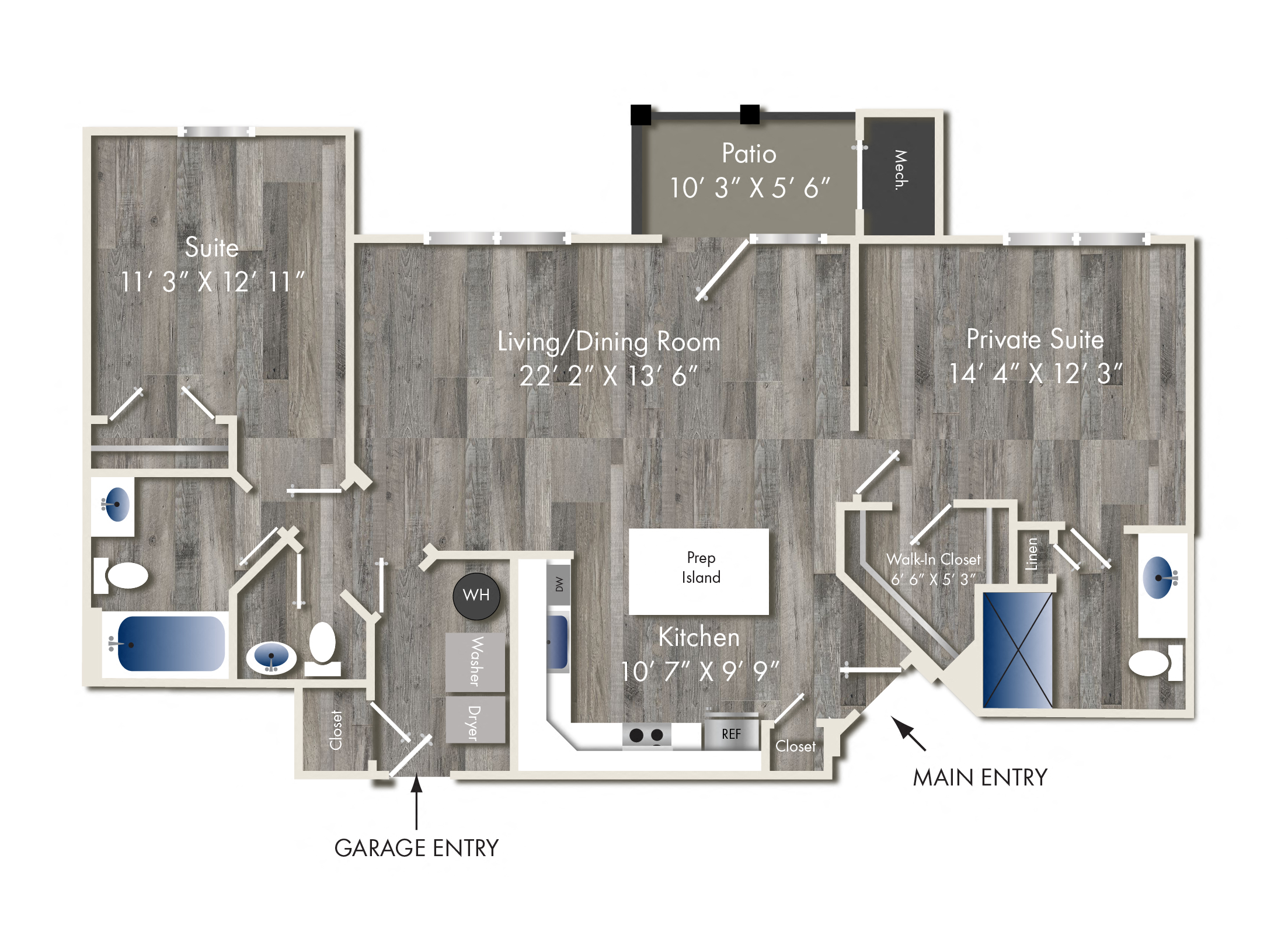 Floor plan for 2 beds, 2.5 baths, 1163 sqft
