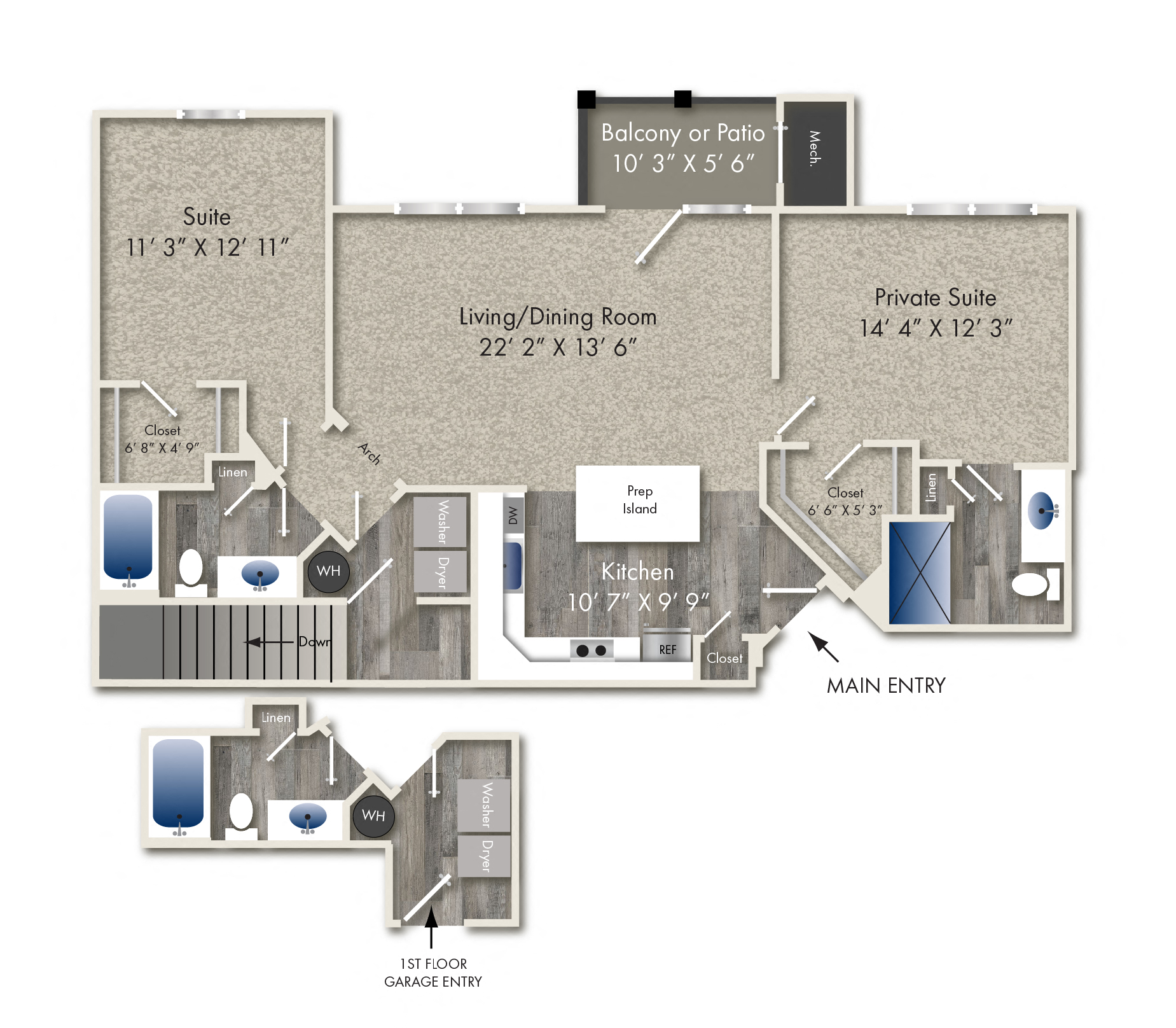 Floor plan for 2 beds, 2 baths, 1149 sqft