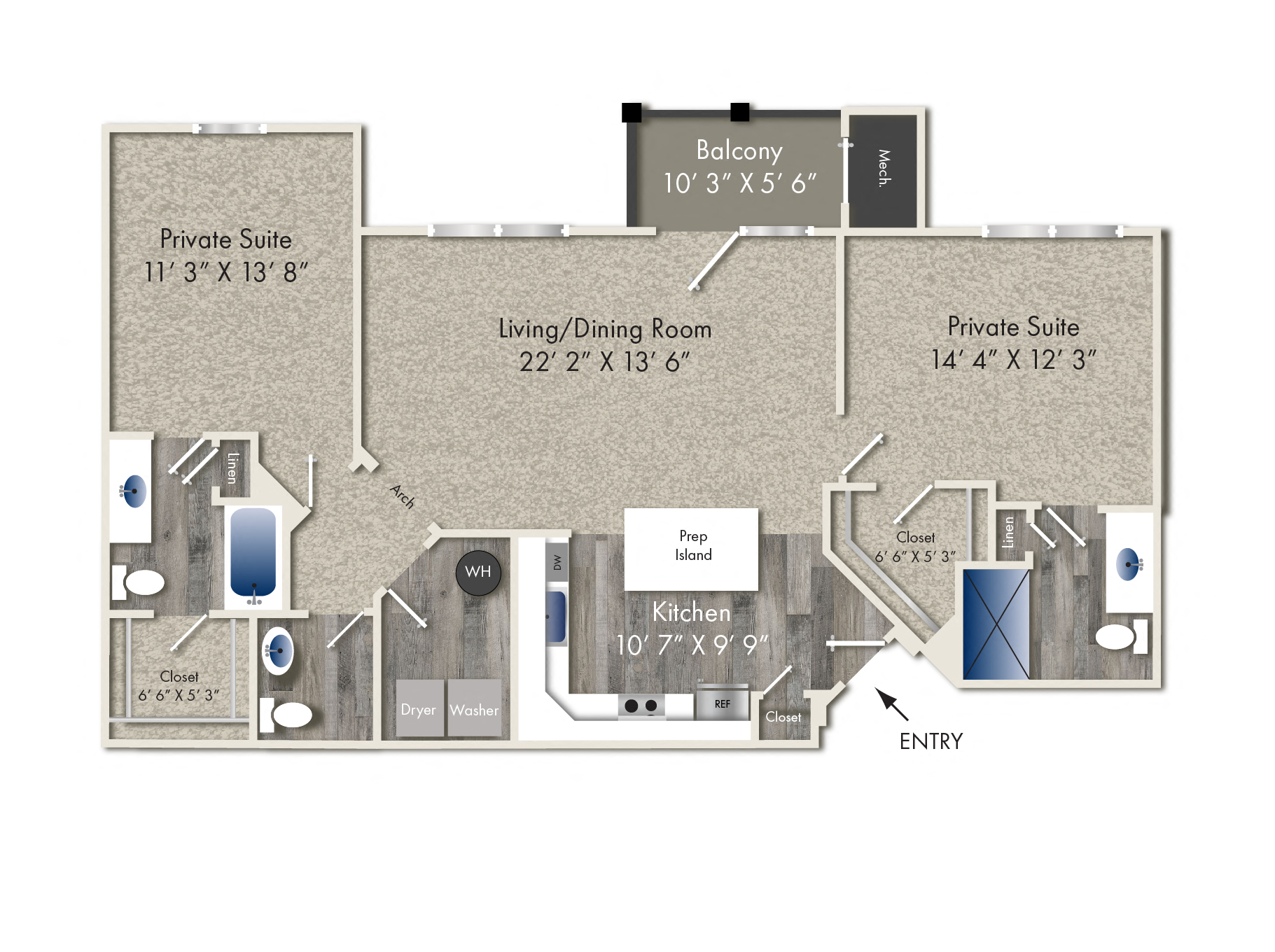 Floor plan for 2 beds, 2.5 baths, 1195 sqft