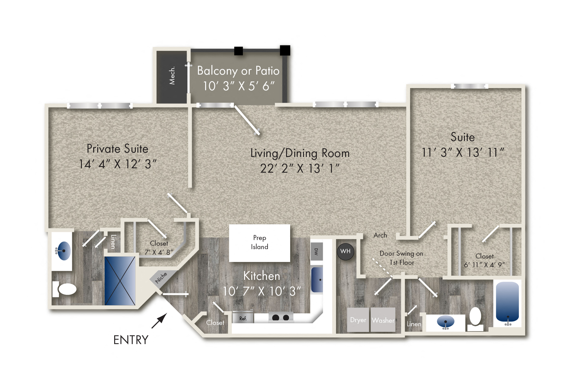 Floor plan for 2 beds, 2 baths, 1186 sqft