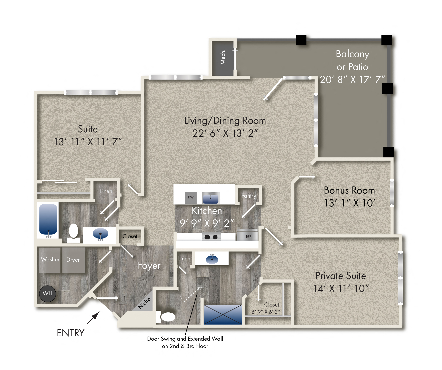 Floor plan for 2 beds, 2 baths, 1458 sqft