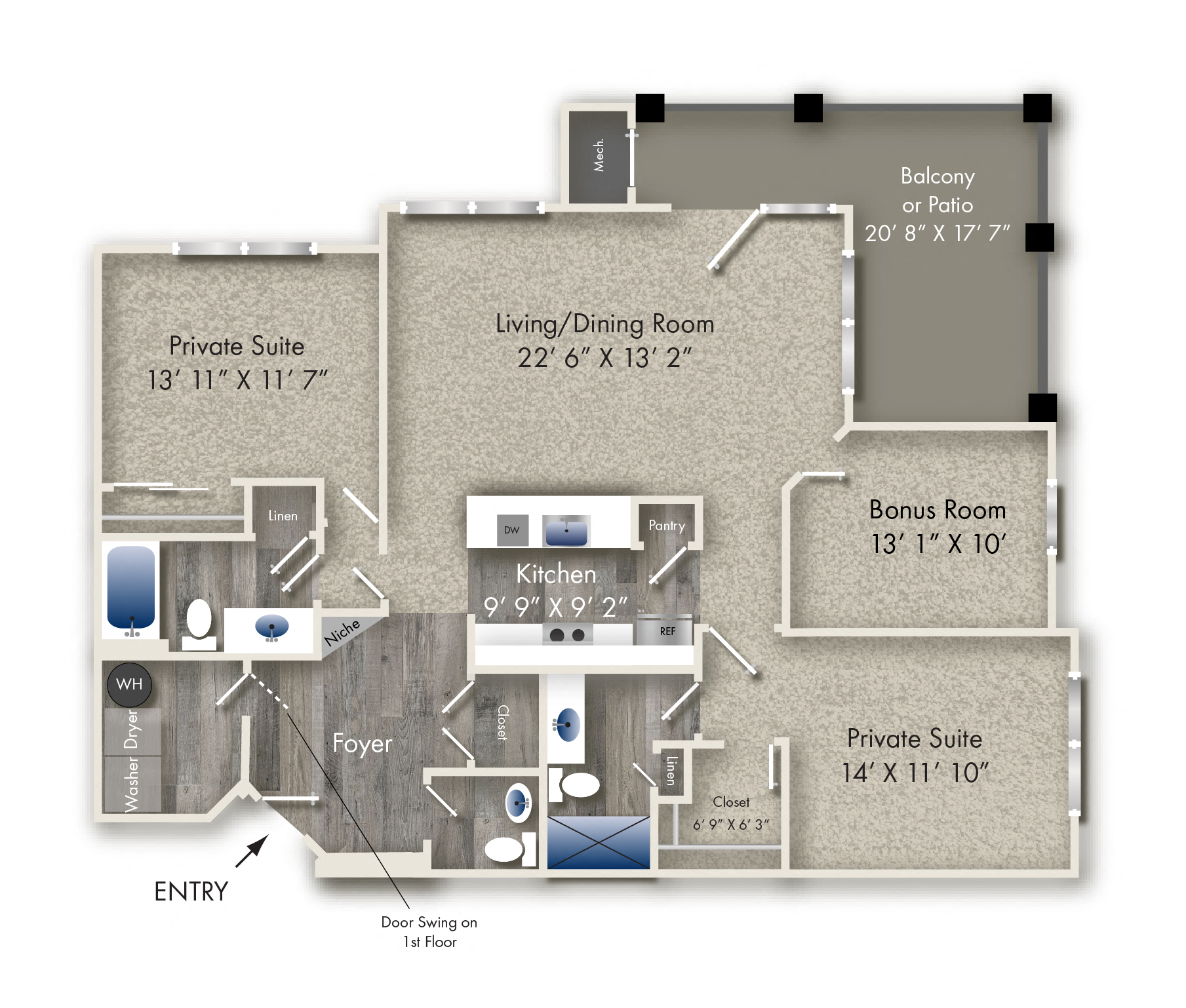 Floor plan for 2 beds, 2.5 baths, 1458 sqft