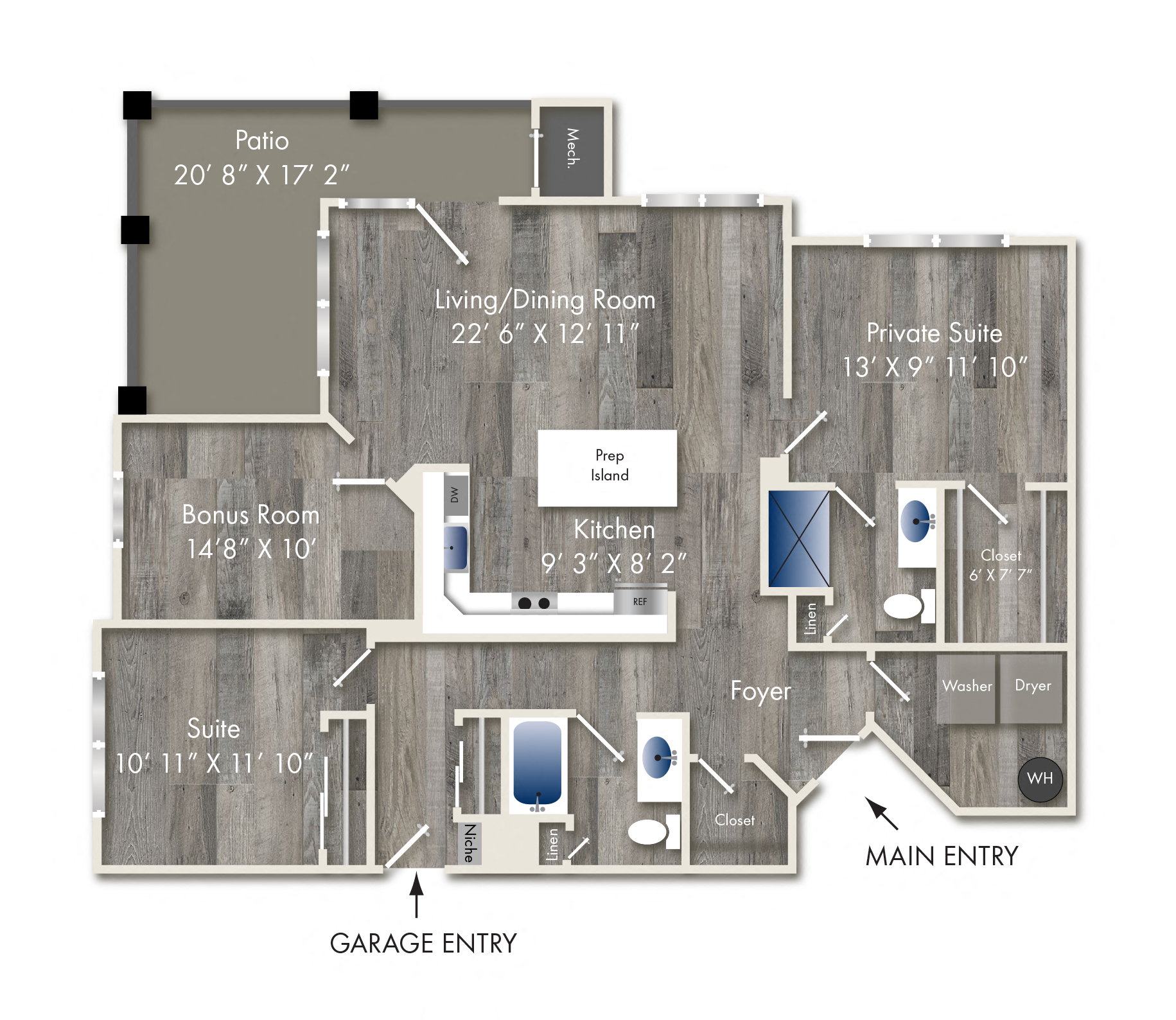 Floor plan for 2 beds, 2 baths, 1450 sqft