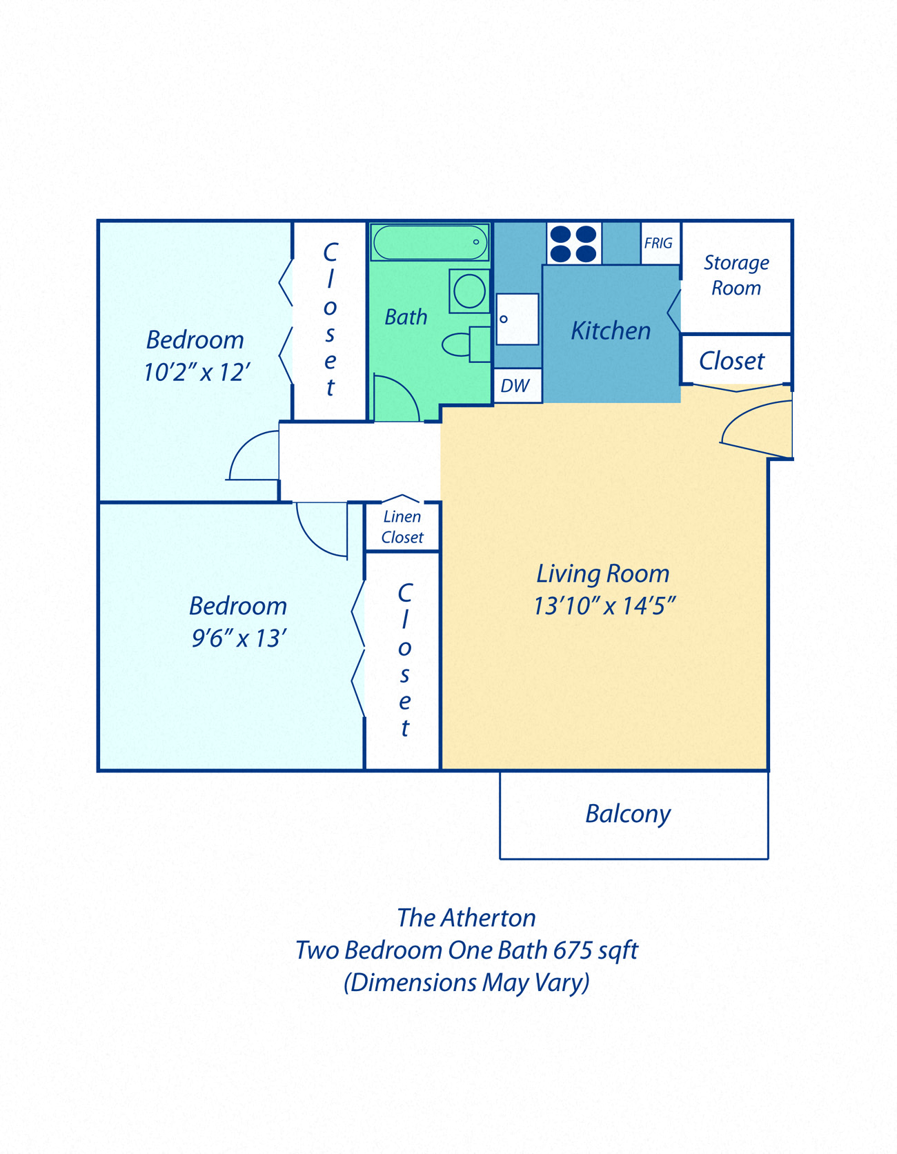 Floor plan for 2 beds, 1 bath, 675 sqft