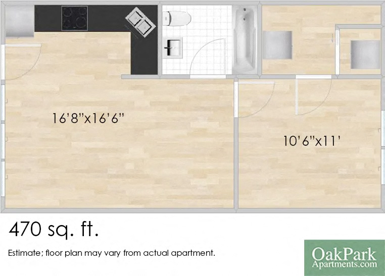Floor plan for 1 bed, 1 bath, 470 sqft