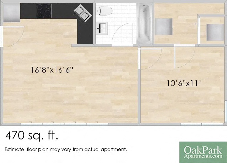 Floor plan for 1 bed, 1 bath, 470 sqft