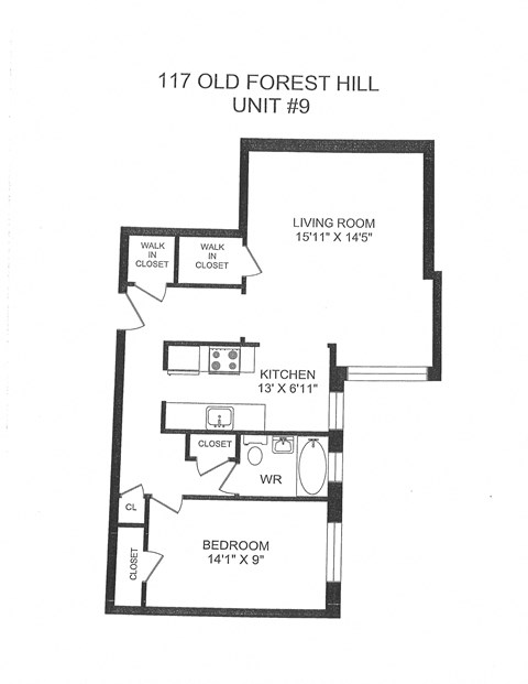 Floor plan for 1 bed, 1 bath, 650 sqft