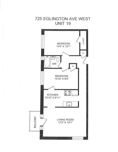 Floor plan for 2 beds, 1 bath, 846 sqft