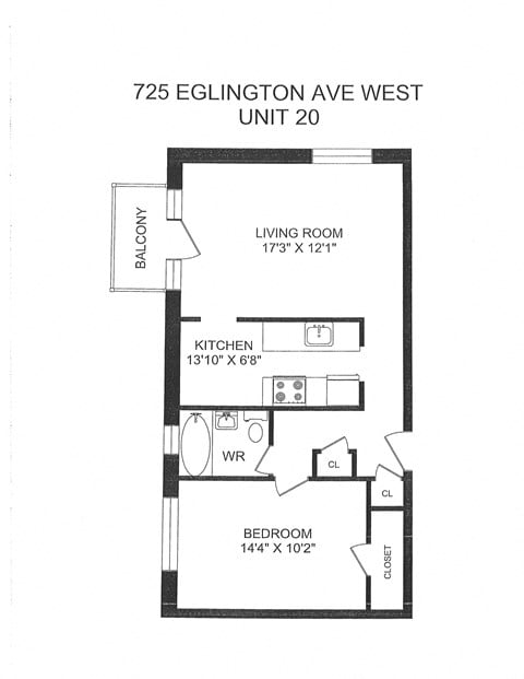 Floor plan for 1 bed, 1 bath, 650 sqft