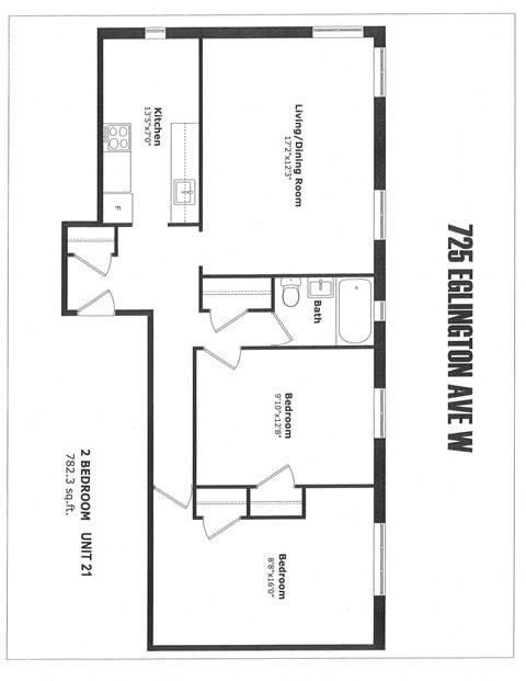 Floor plan for 2 beds, 1 bath, 782 sqft