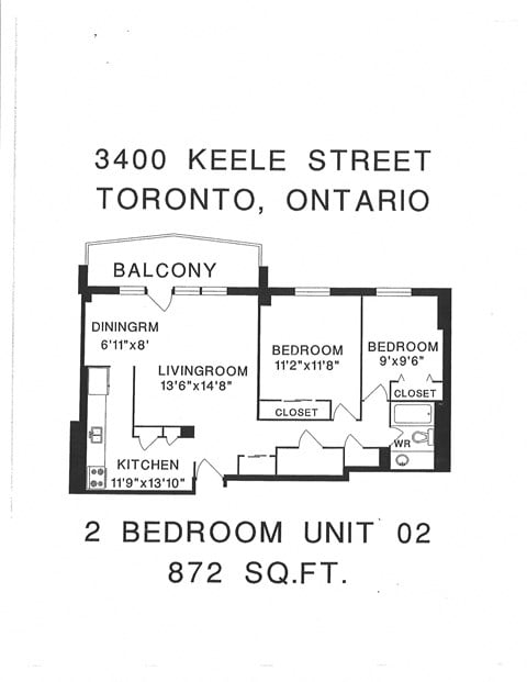 Floor plan for 2 beds, 1 bath, 963 sqft