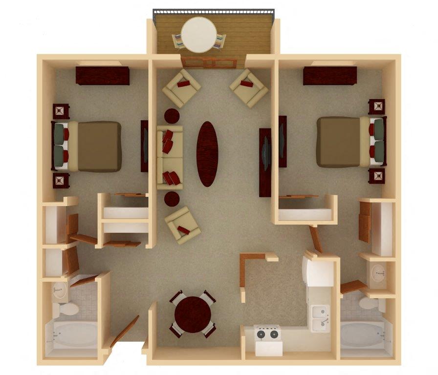 Floor plan for 2 beds, 2 baths, 965 sqft