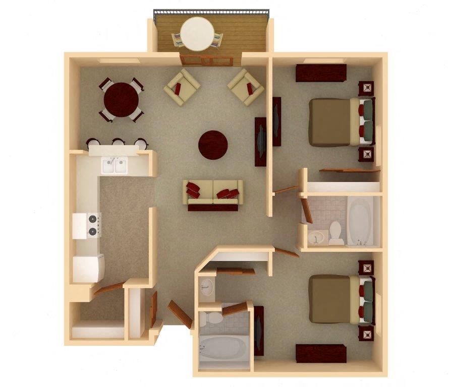 Floor plan for 2 beds, 2 baths, 956 sqft