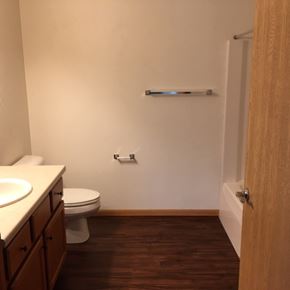 Manitowoc apartment for rent - A white toilet sits in a small bathroom with wood floors and a wooden door.