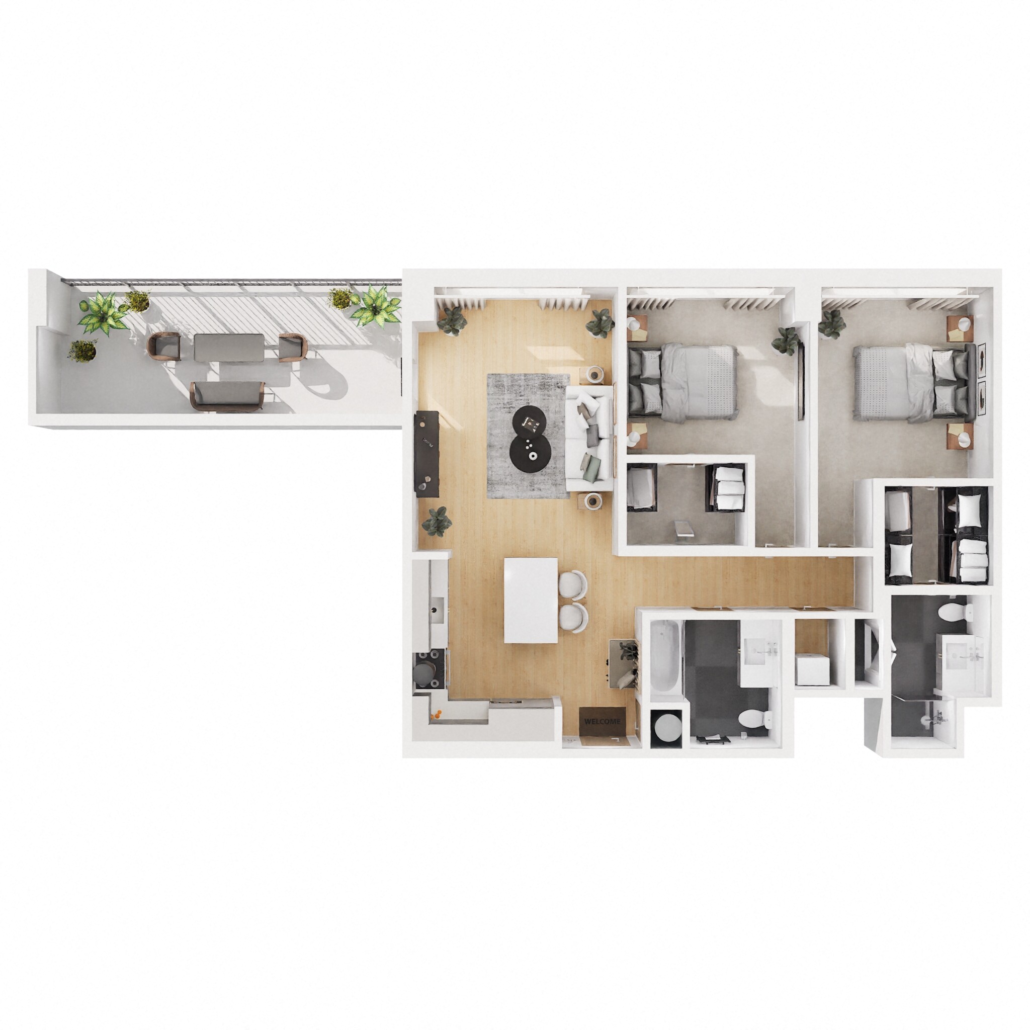 Floor plan for 2 beds, 2 baths, 1106 sqft