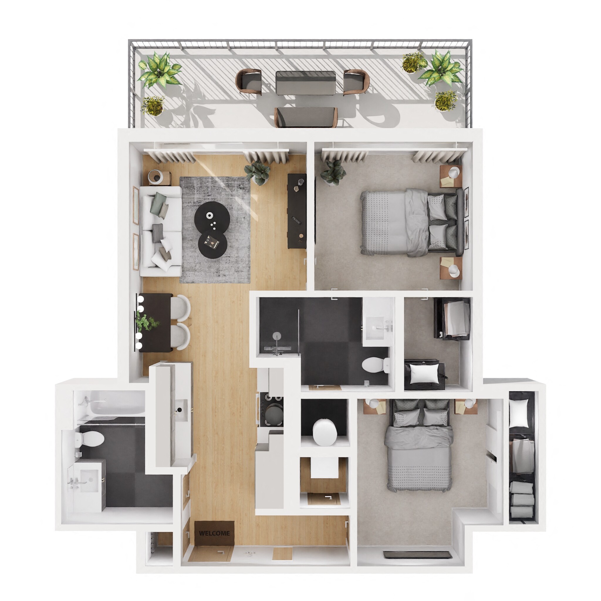 Floor plan for 2 beds, 2 baths, 805 sqft