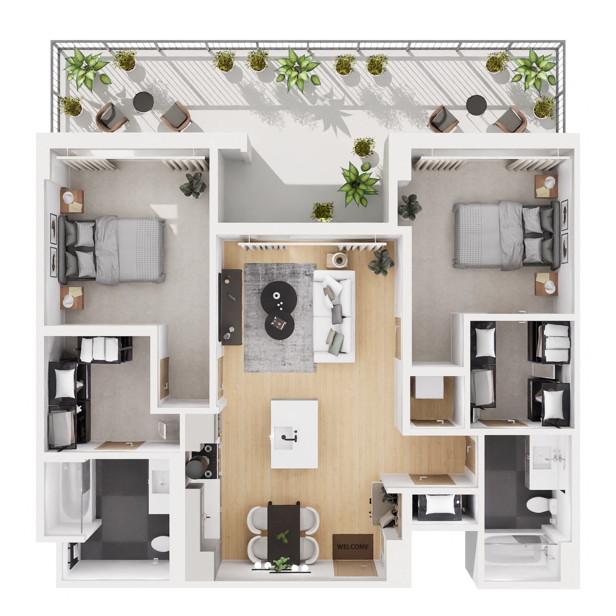 Floor plan for 2 beds, 2 baths, 1006 sqft