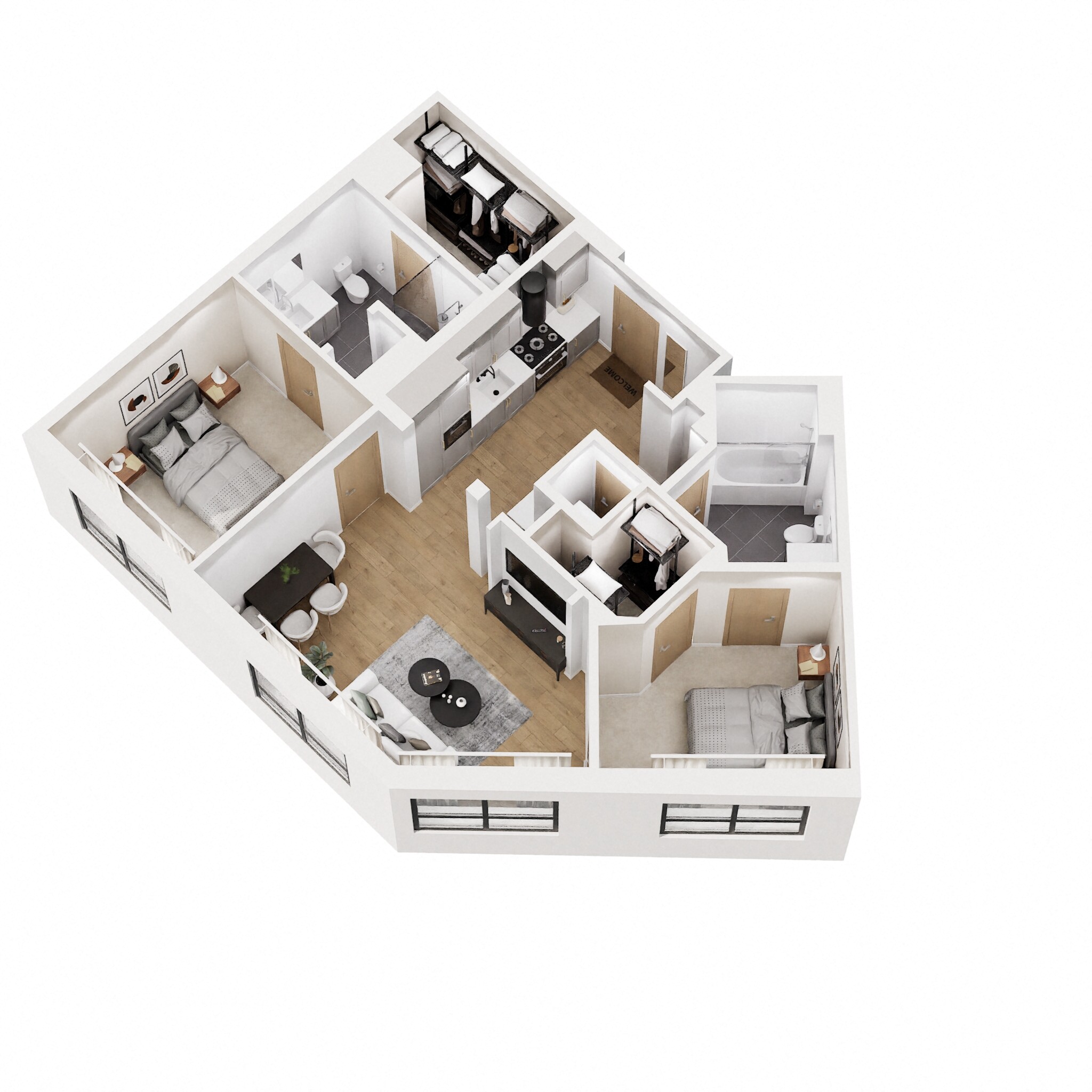 Floor plan for 2 beds, 2 baths, 975 sqft