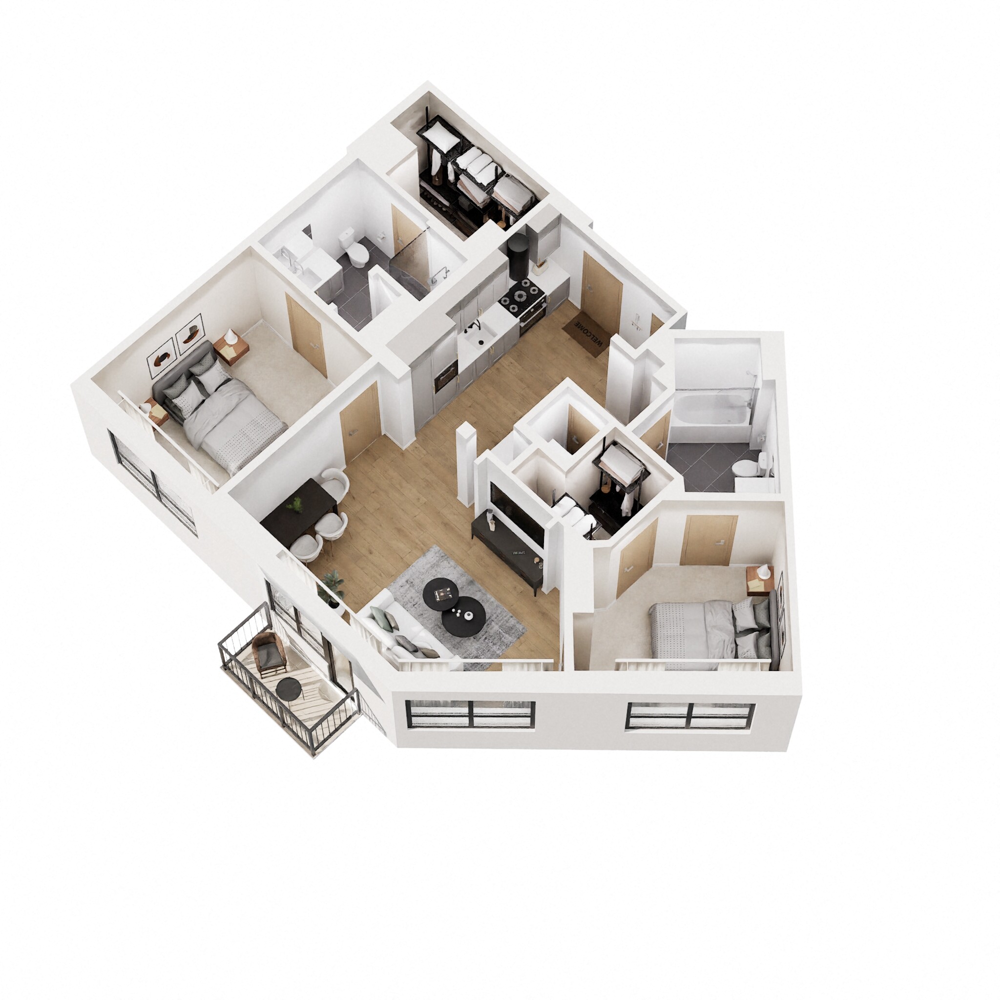 Floor plan for 2 beds, 2 baths, 981 sqft