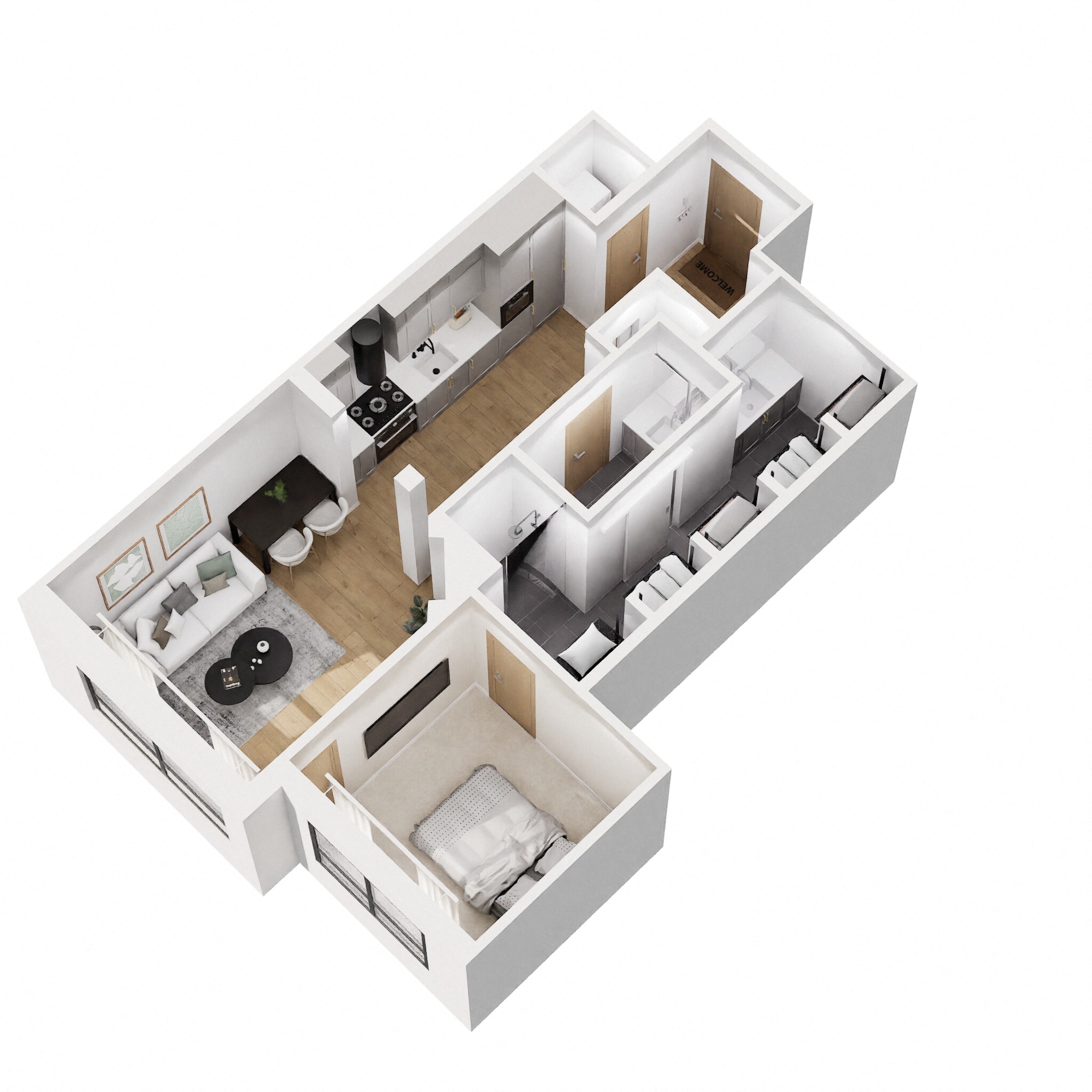 Floor plan for 1 bed, 1 bath, 733 sqft