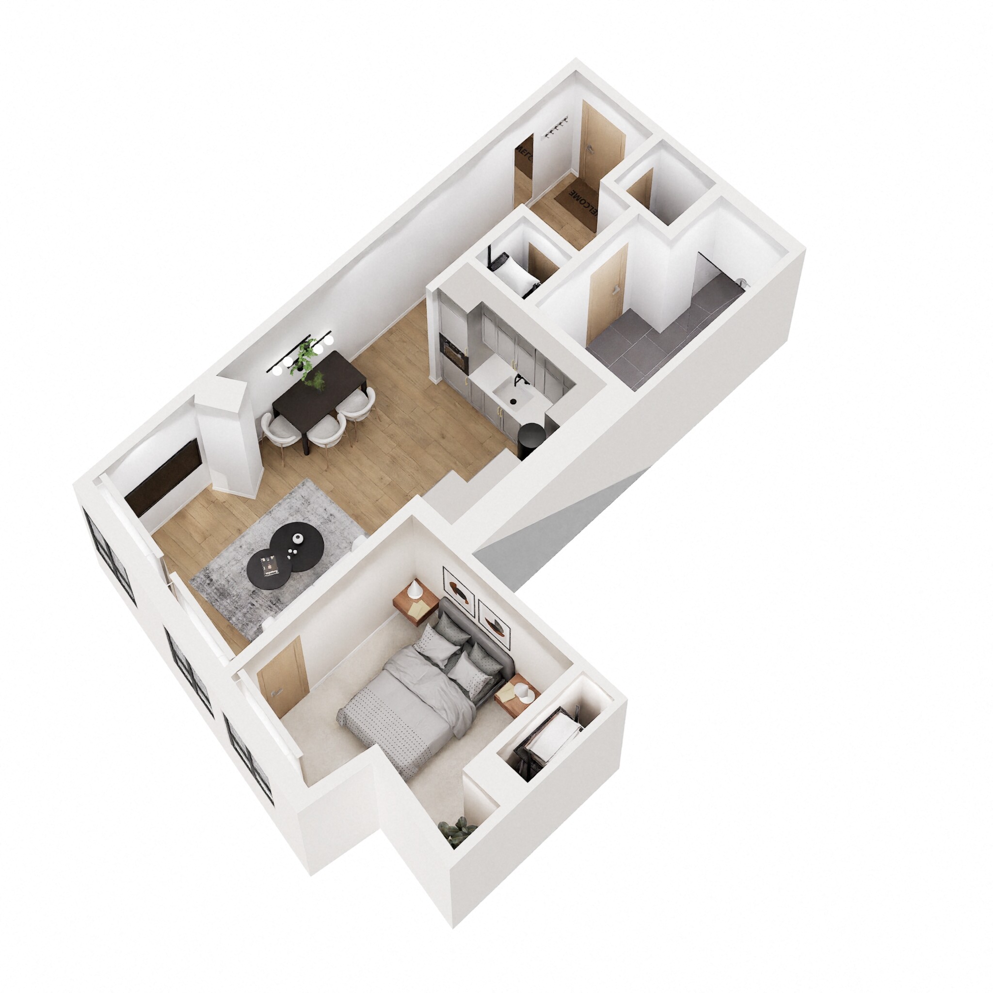 Floor plan for 1 bed, 1 bath, 611 sqft