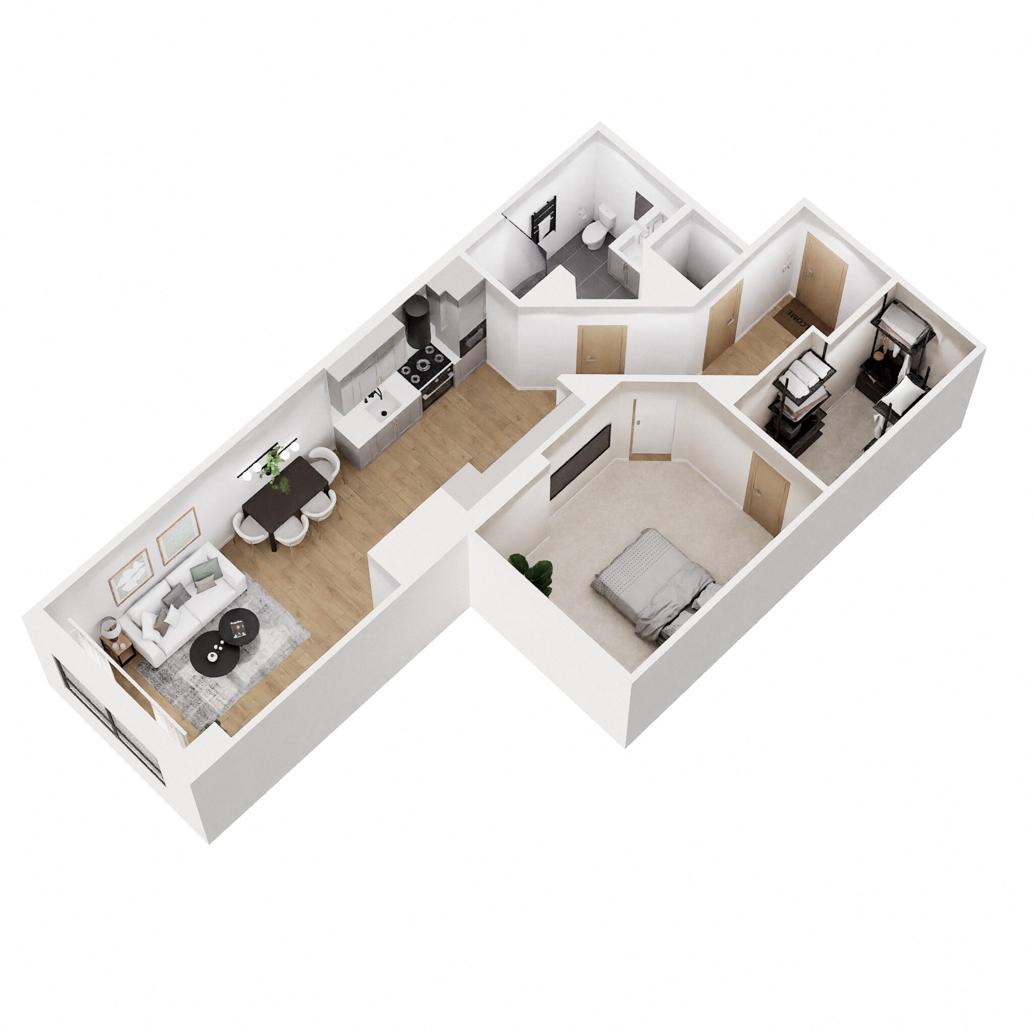 Floor plan for 1 bed, 1 bath, 842 sqft