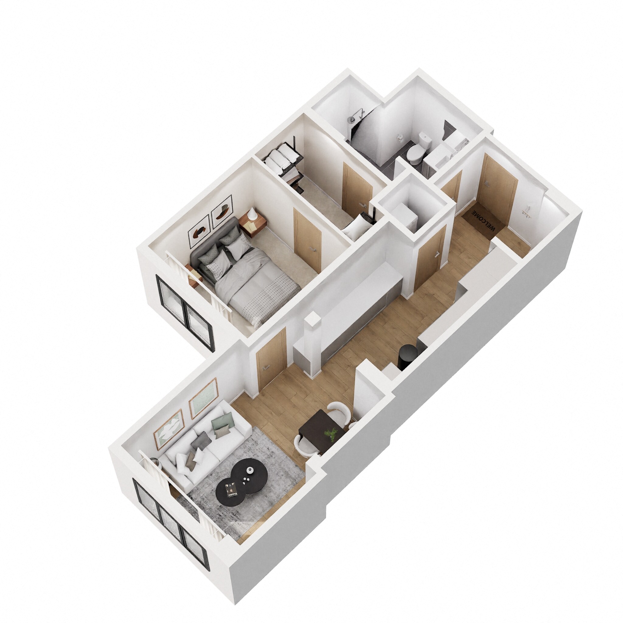 Floor plan for 1 bed, 1 bath, 598 sqft