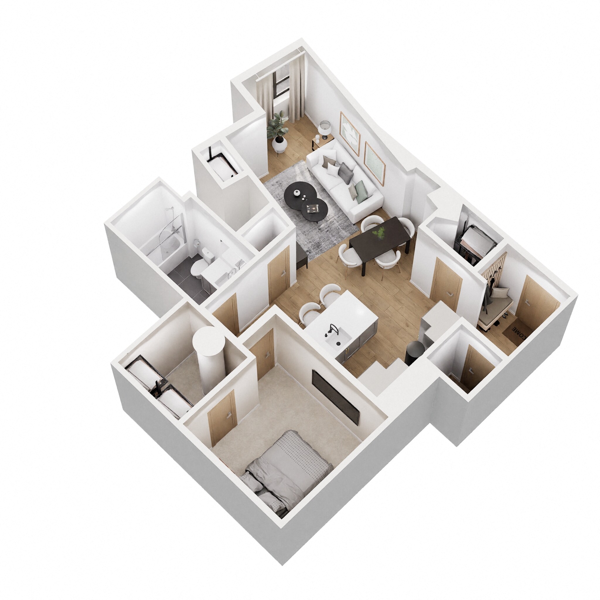 Floor plan for 1 bed, 1 bath, 750 sqft