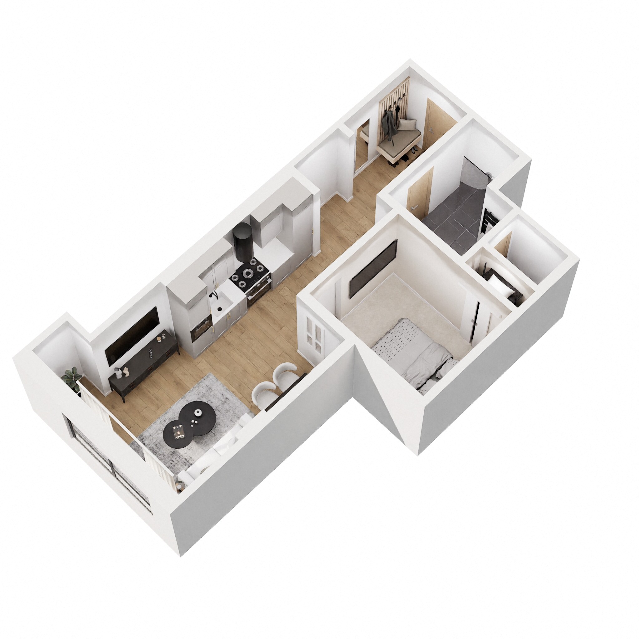 Floor plan for 1 bed, 1 bath, 584 sqft