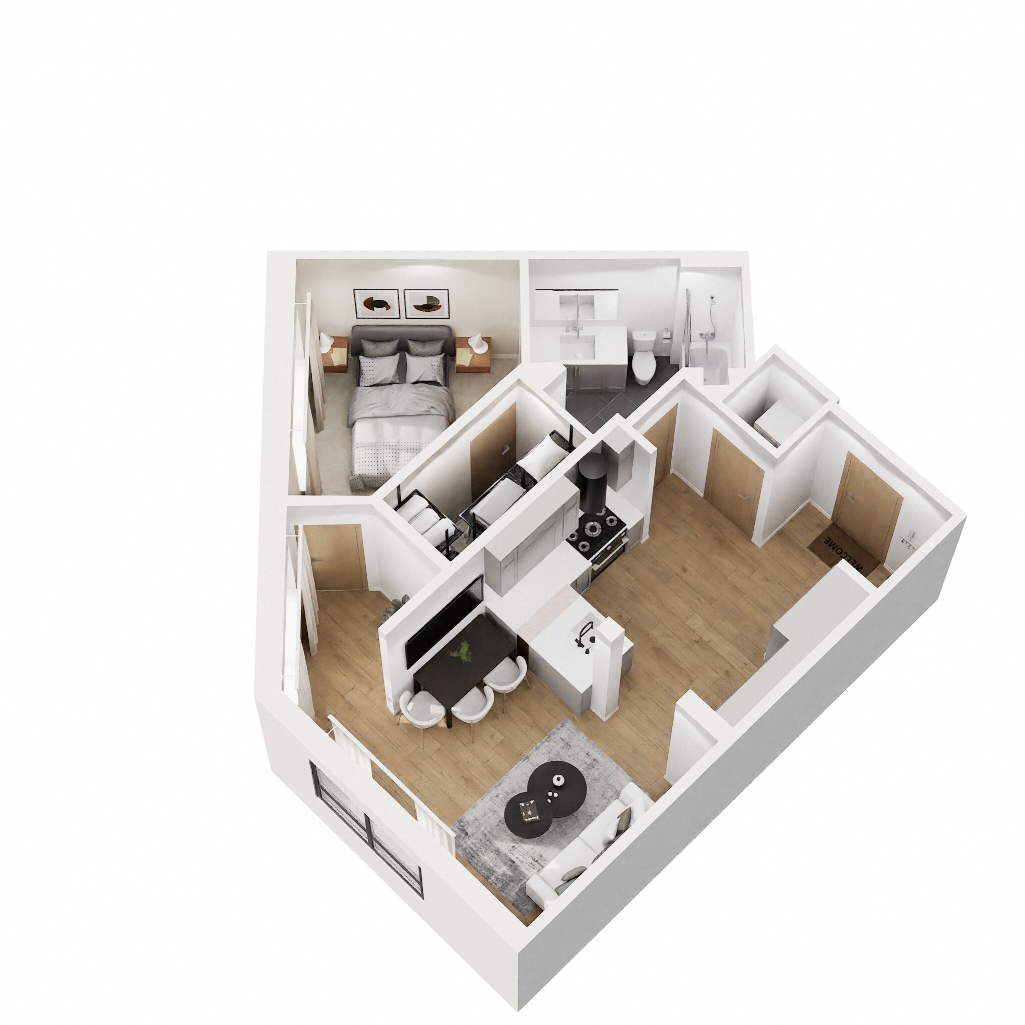 Floor plan for 1 bed, 1 bath, 700 sqft