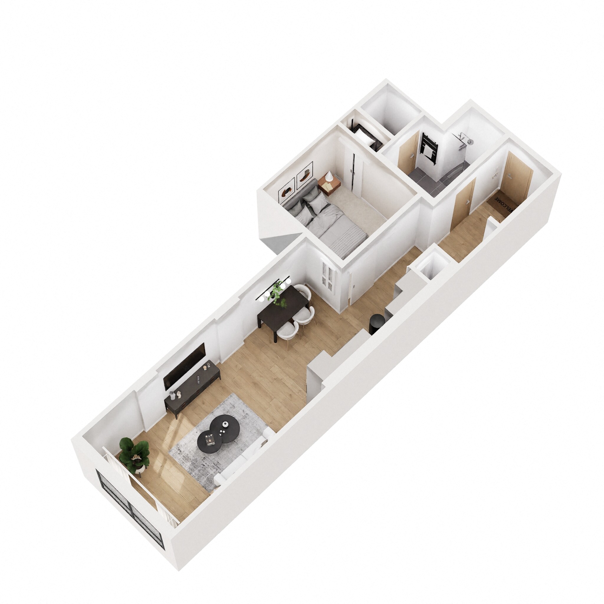 Floor plan for 1 bed, 1 bath, 690 sqft