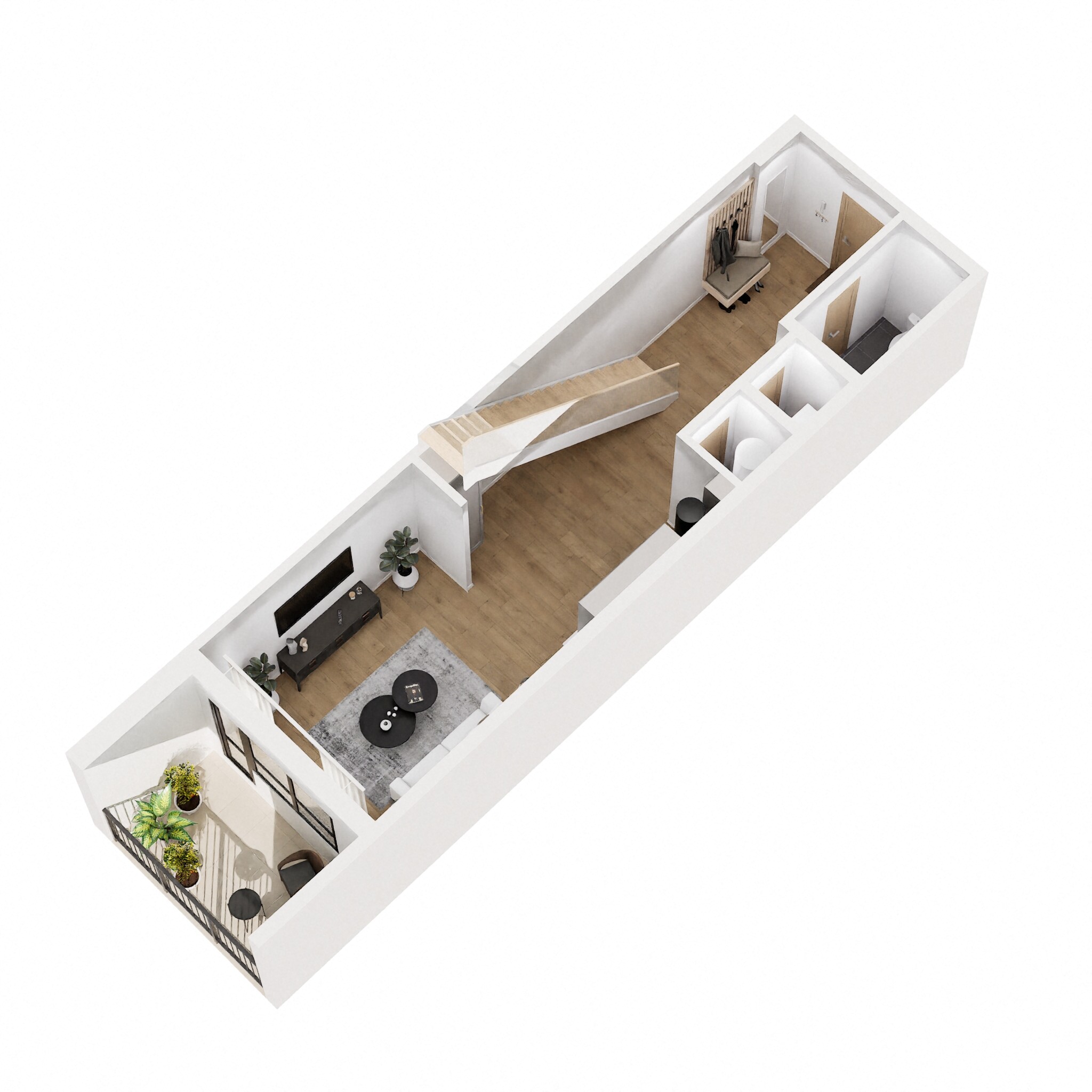 Floor plan for 1 bed, 1.5 baths, 755 sqft