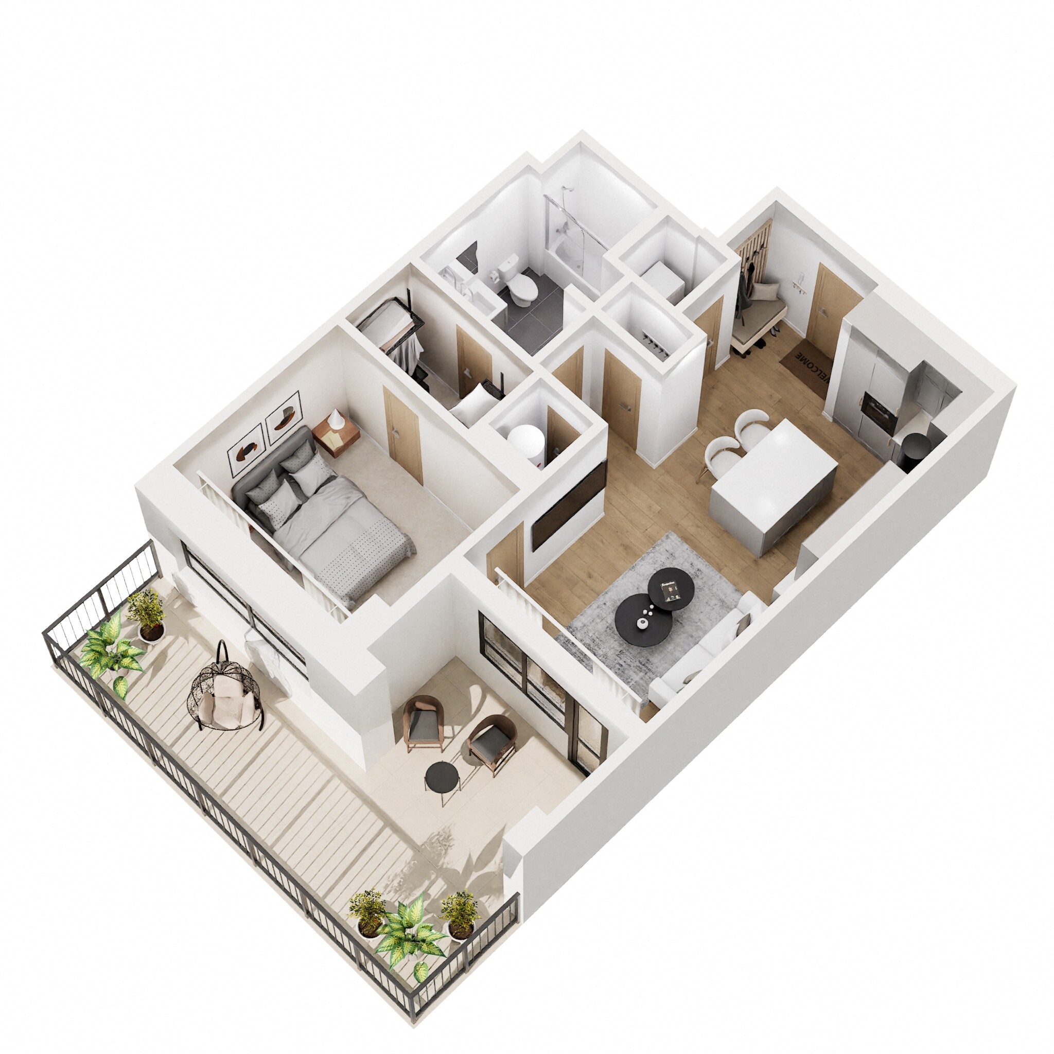 Floor plan for 1 bed, 1 bath, 613 sqft