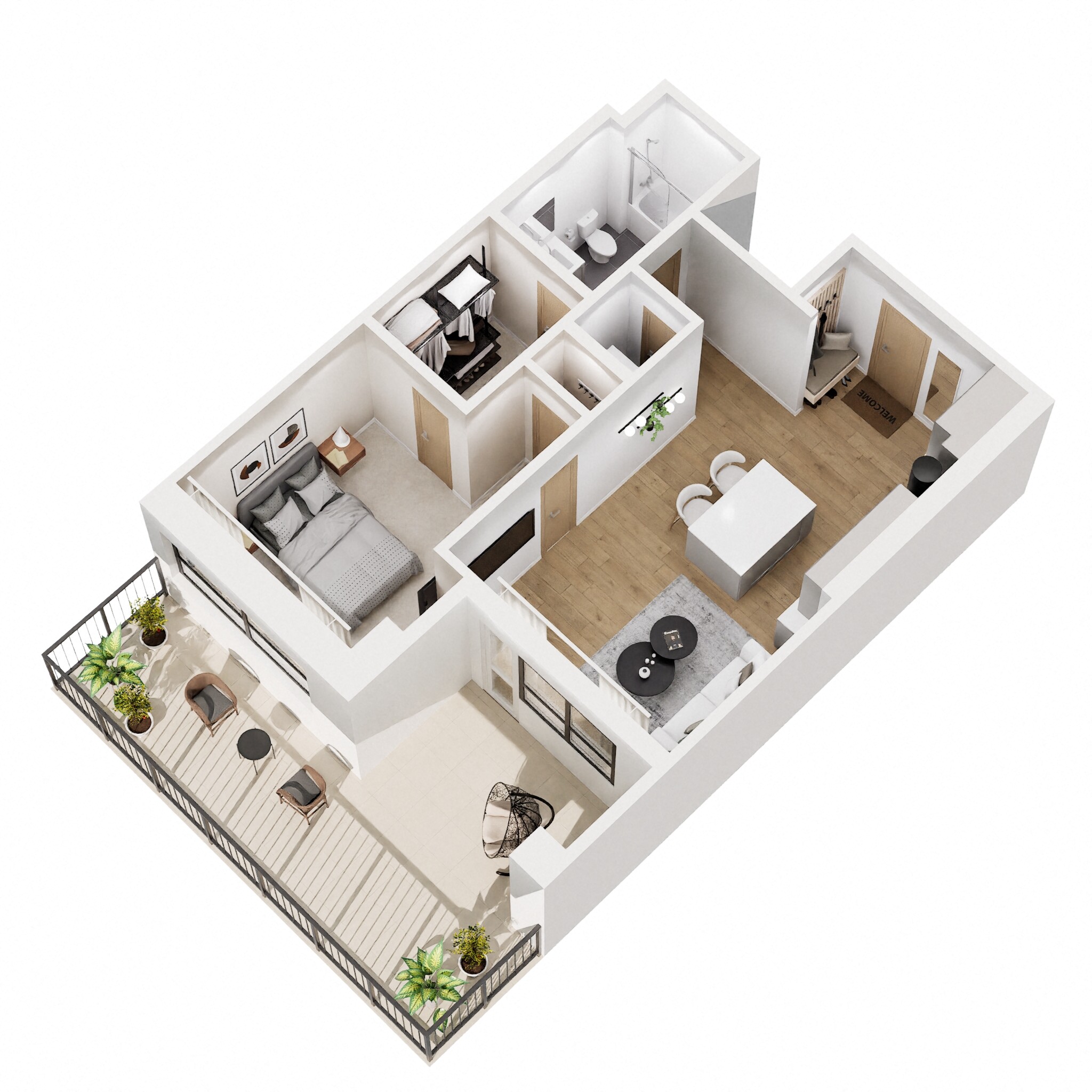 Floor plan for 1 bed, 1 bath, 648 sqft
