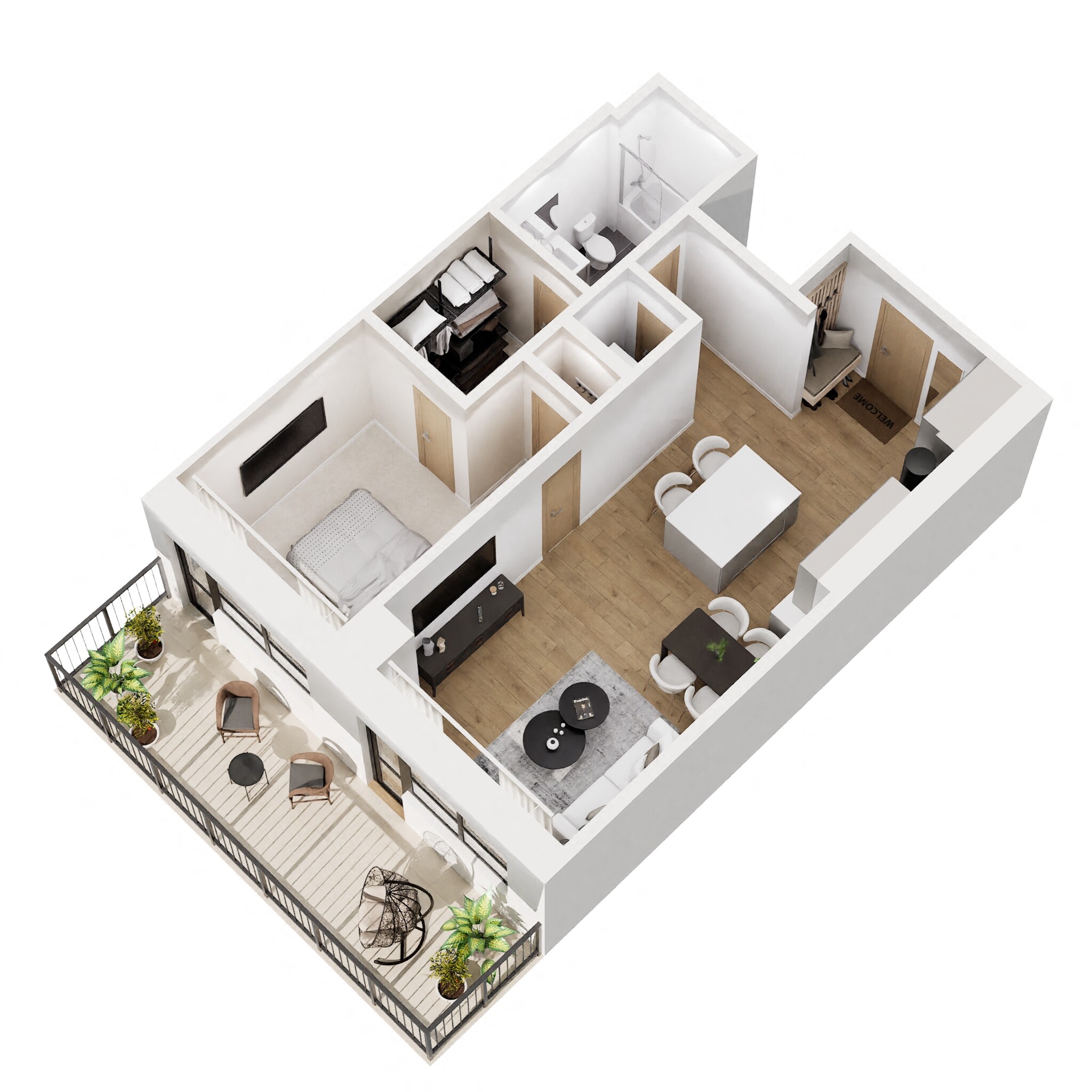 Floor plan for 1 bed, 1 bath, 716 sqft