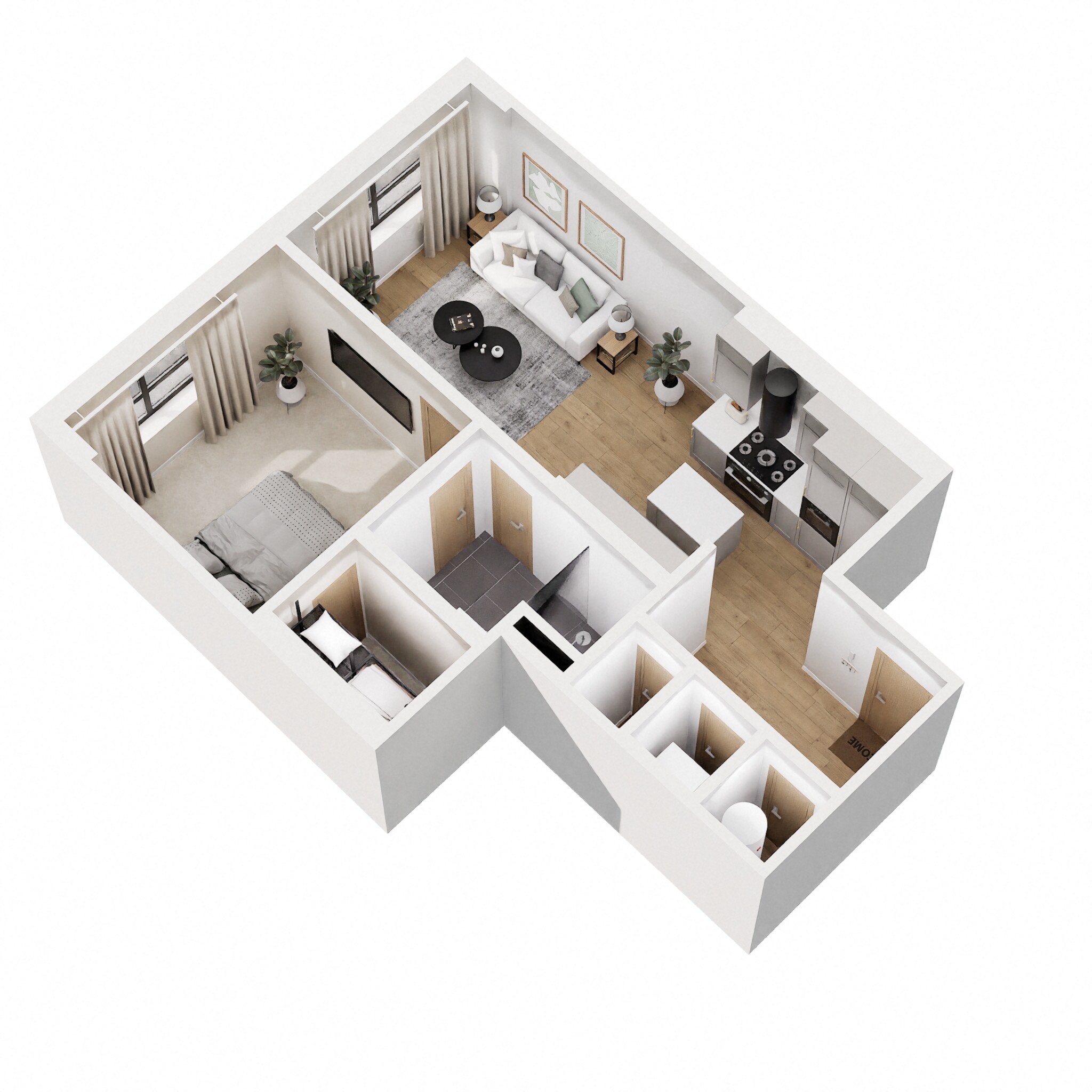 Floor plan for 1 bed, 1 bath, 668 sqft