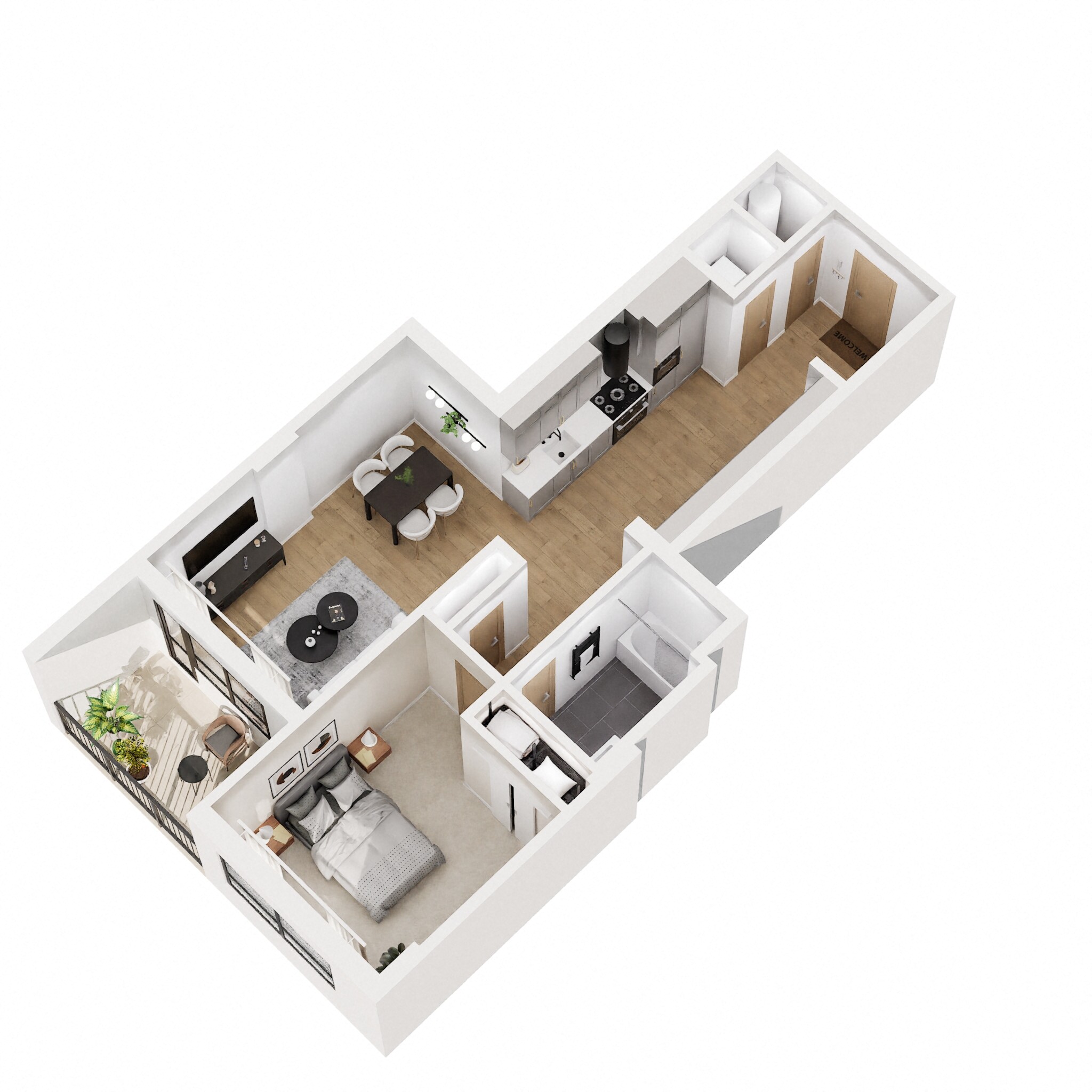 Floor plan for 1 bed, 1 bath, 769 sqft