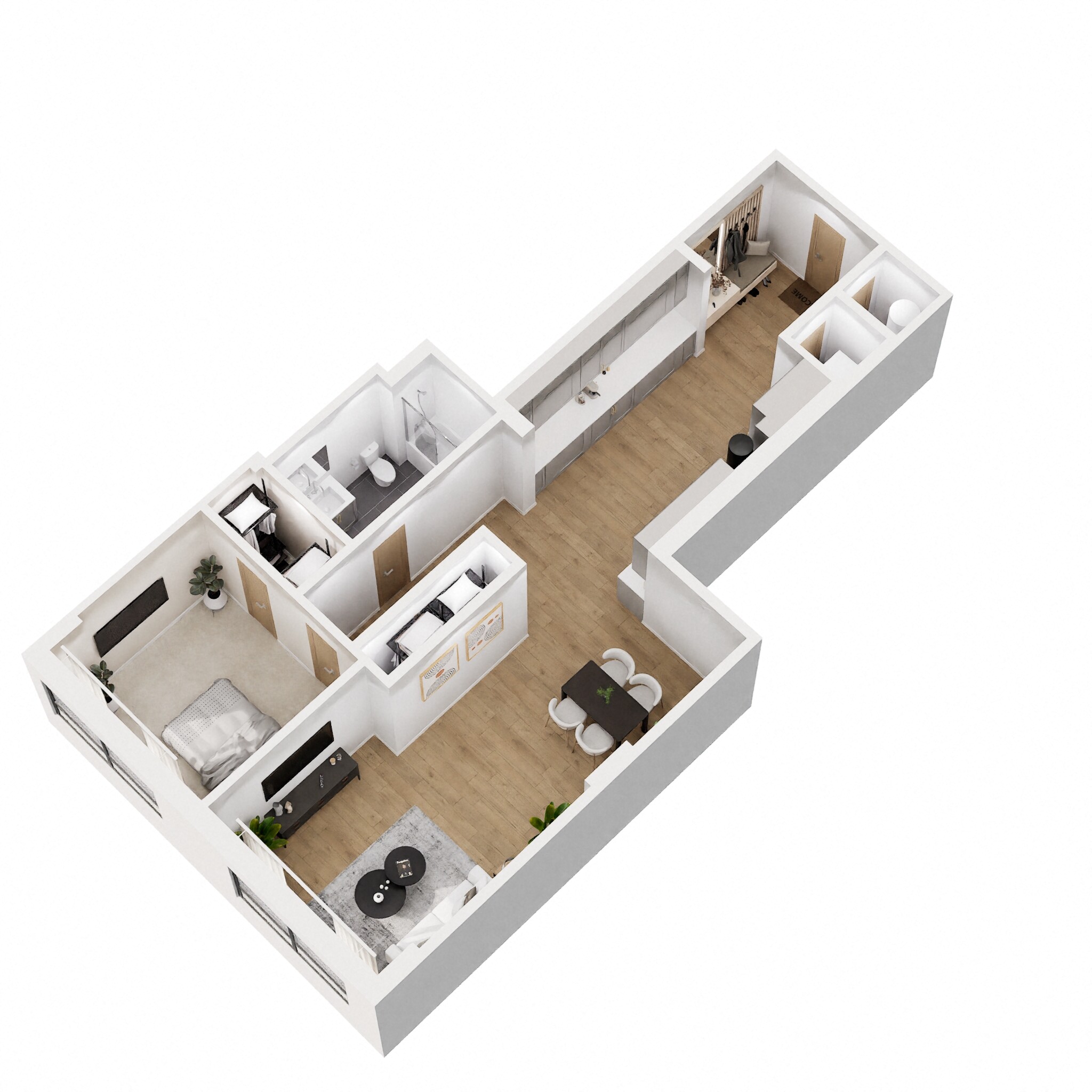 Floor plan for 1 bed, 1 bath, 841 sqft