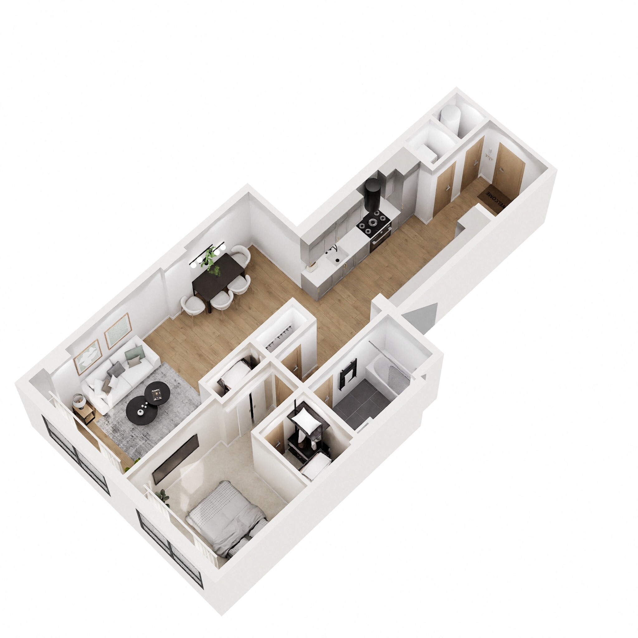 Floor plan for 1 bed, 1 bath, 888 sqft