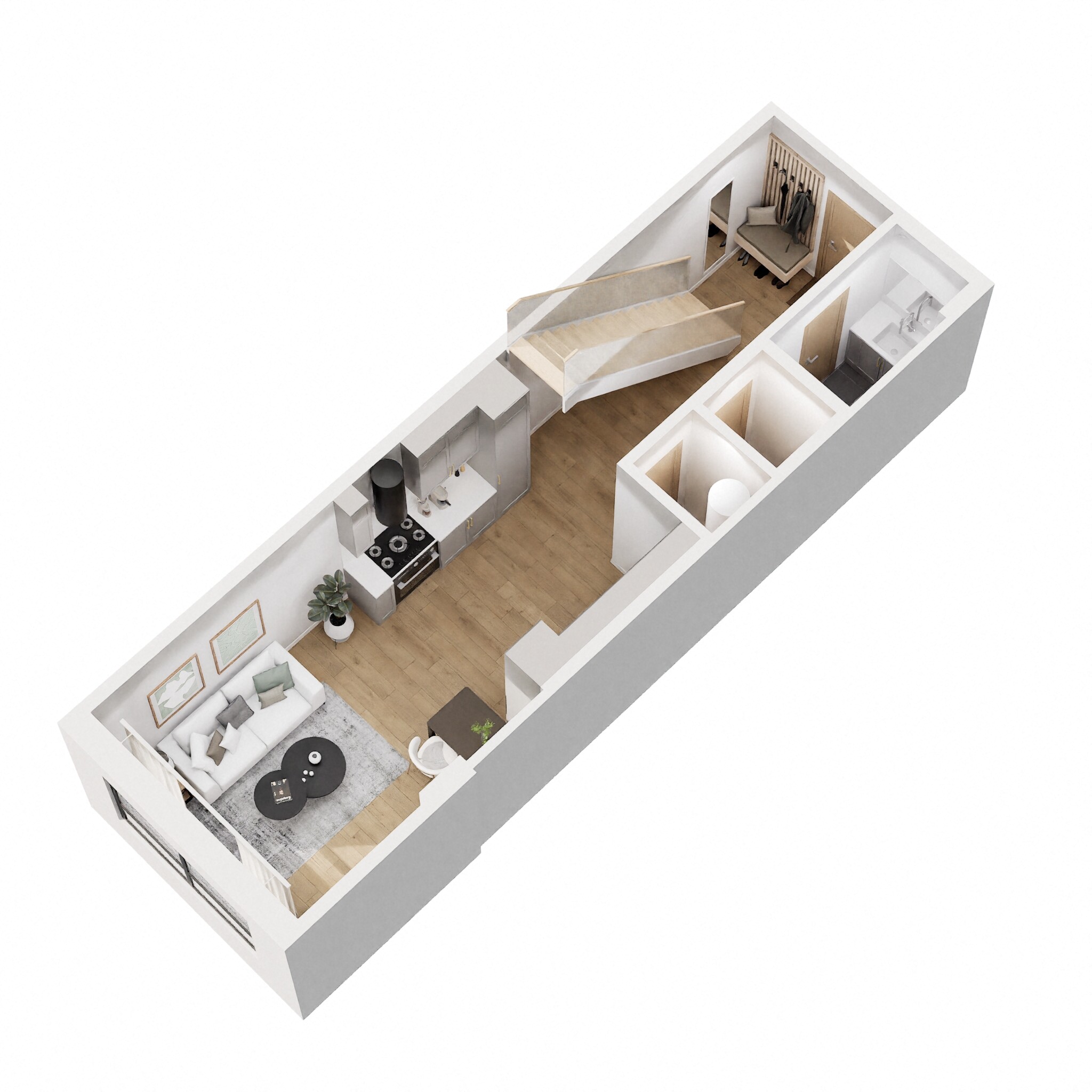 Floor plan for 1 bed, 1.5 baths, 730 sqft