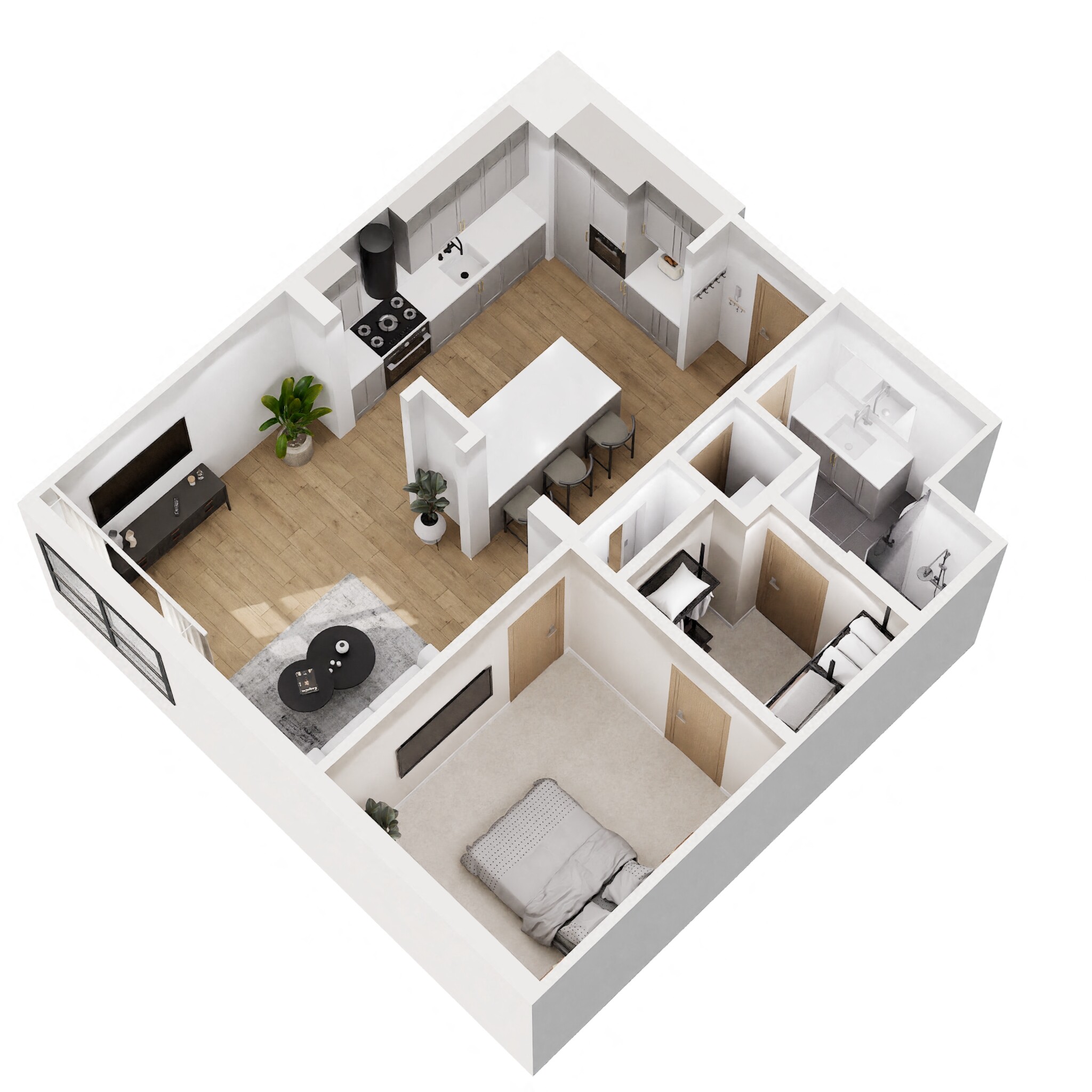 Floor plan for 1 bed, 1 bath, 728 sqft