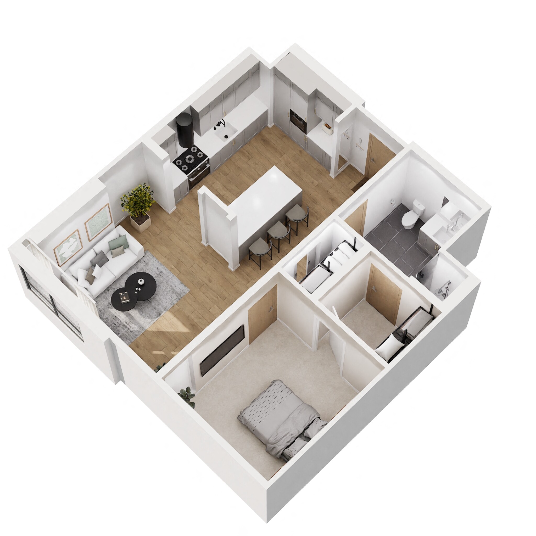 Floor plan for 1 bed, 1 bath, 726 sqft
