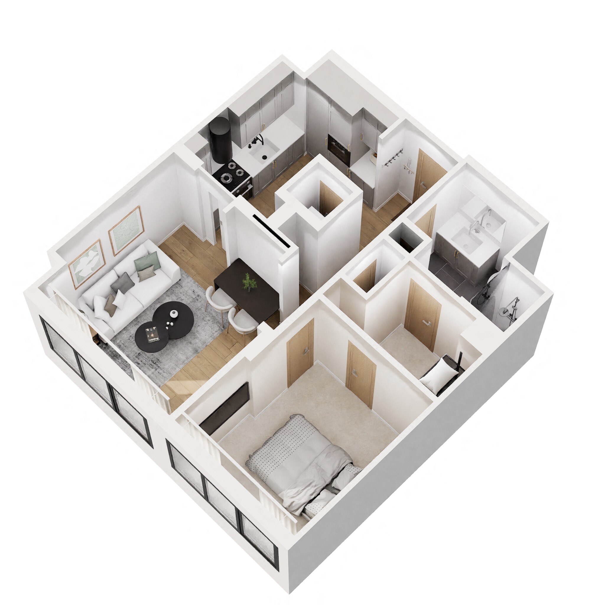Floor plan for 1 bed, 1 bath, 636 sqft