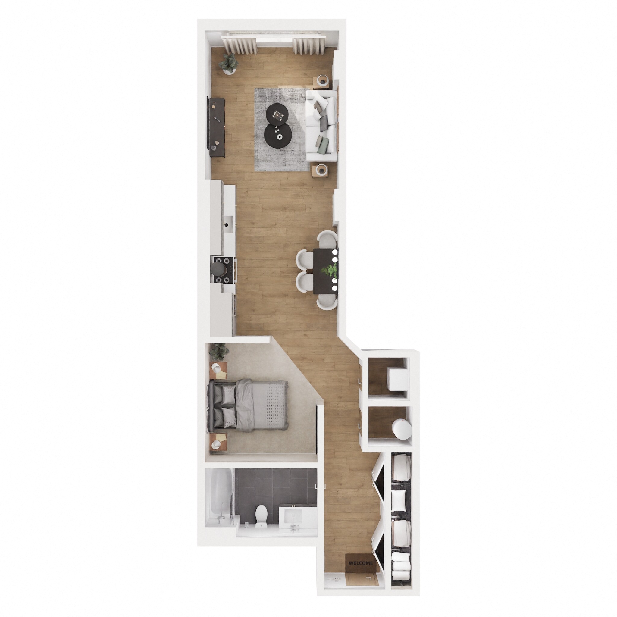 Floor plan for studio, 1 bath, 652 sqft