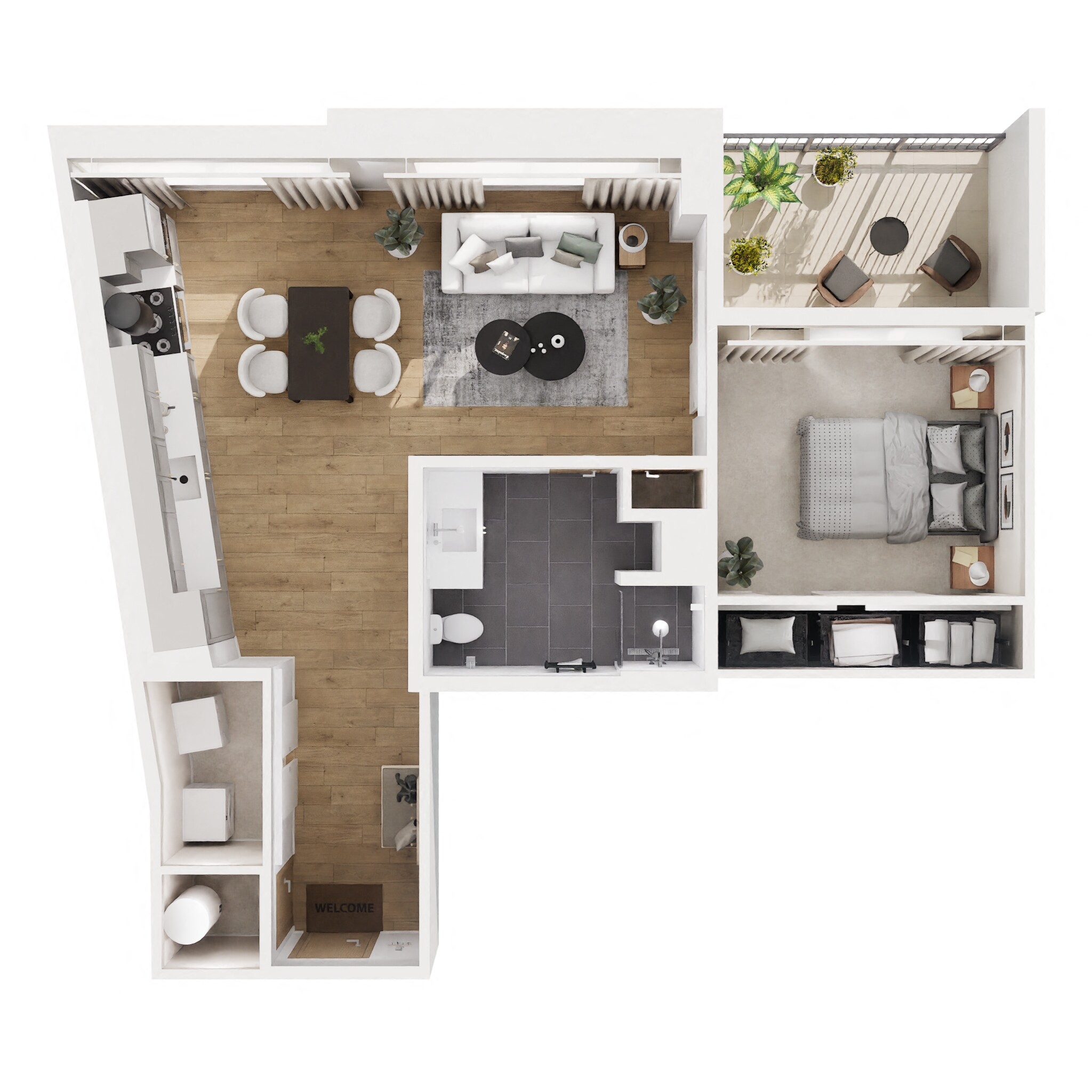 Floor plan for 1 bed, 1 bath, 682 sqft